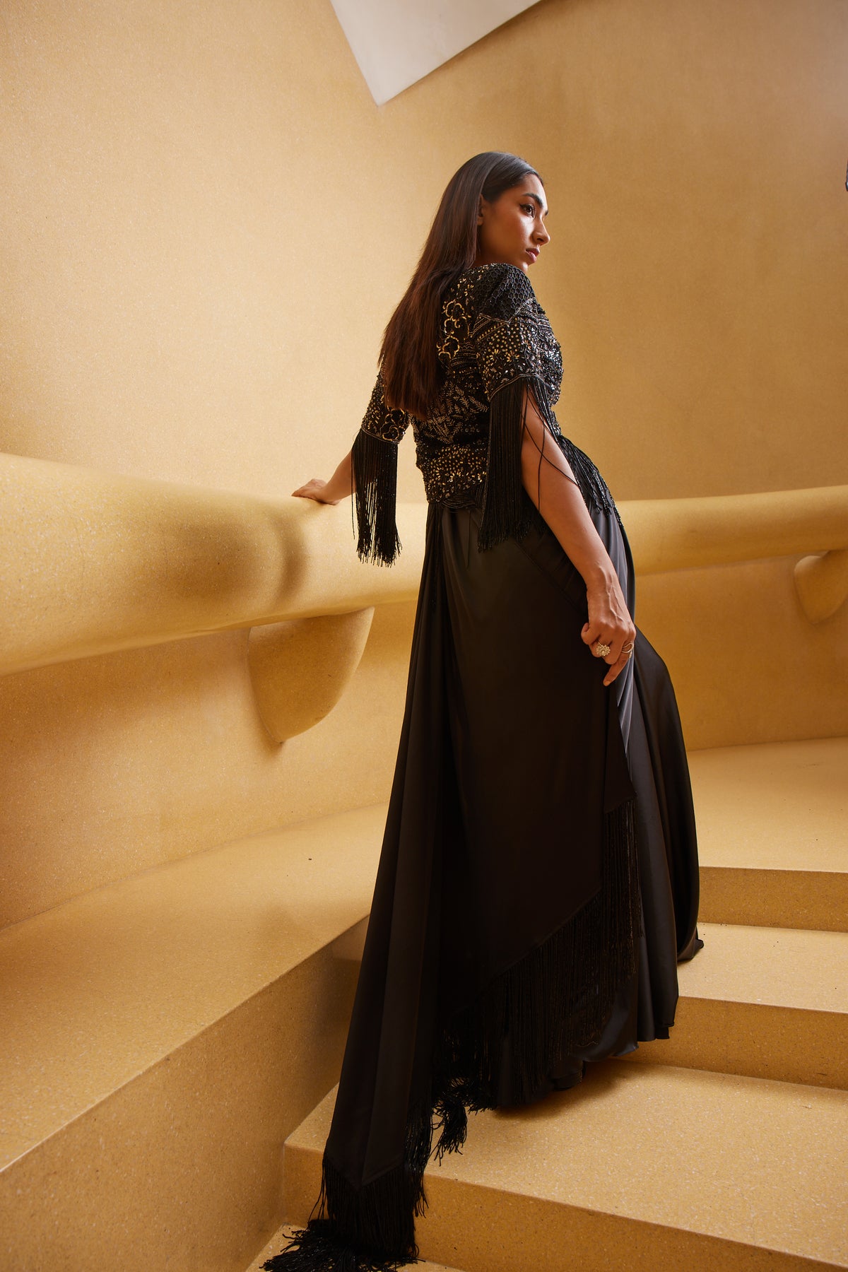 Black Drape Saree With Jacket