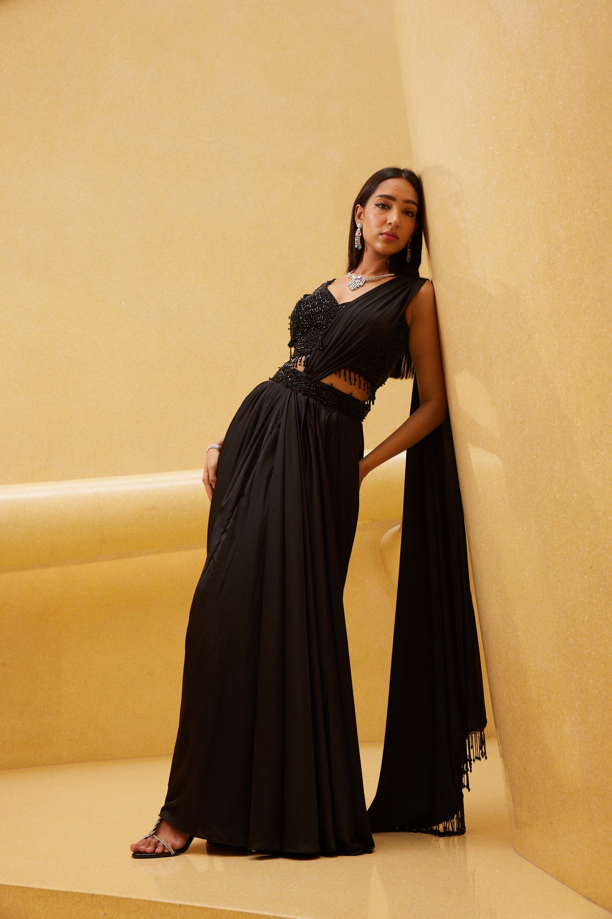 Black Embroidered Drape Saree