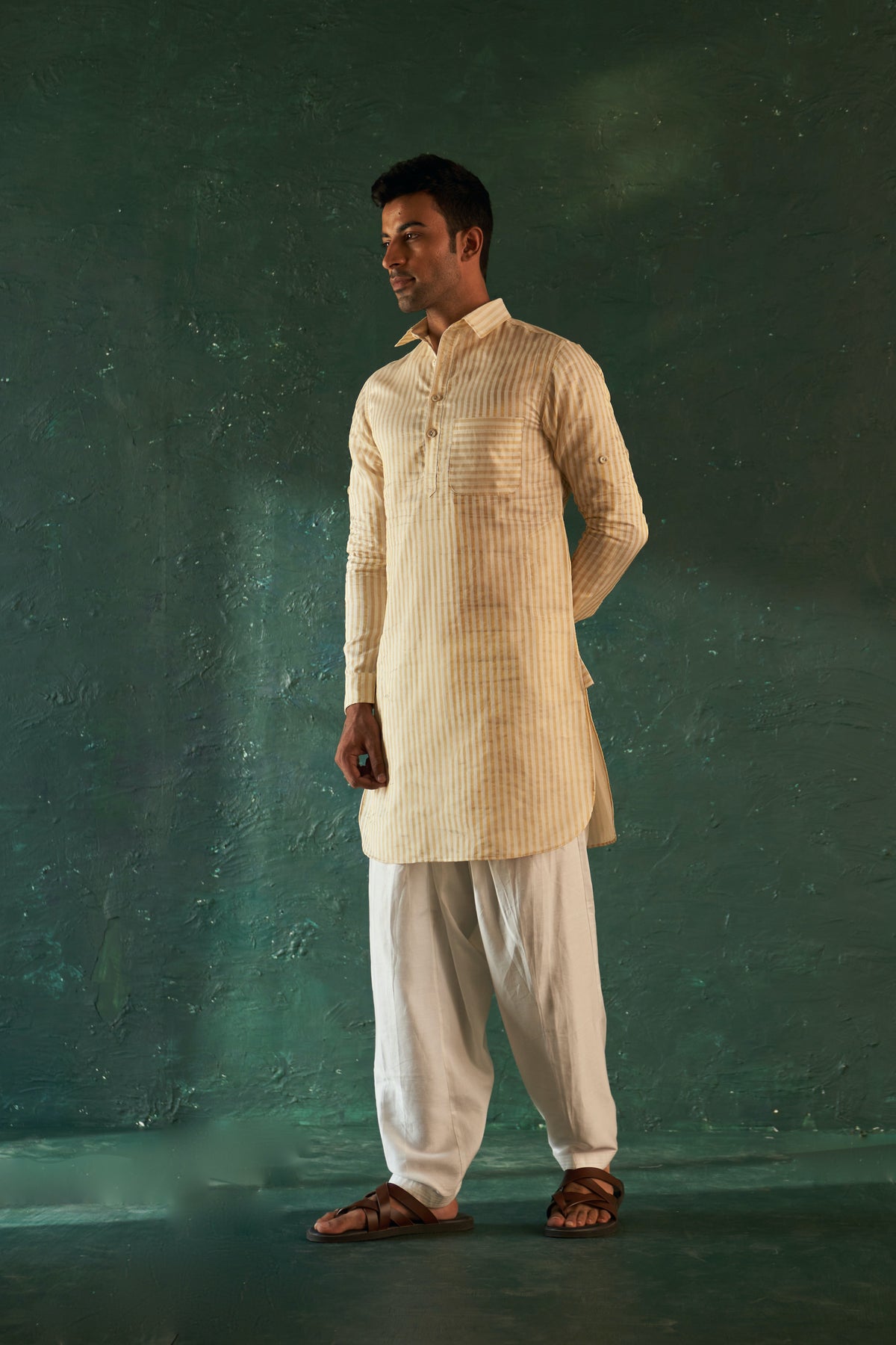 Ivory Tissue Stripe Pathani Kurta set