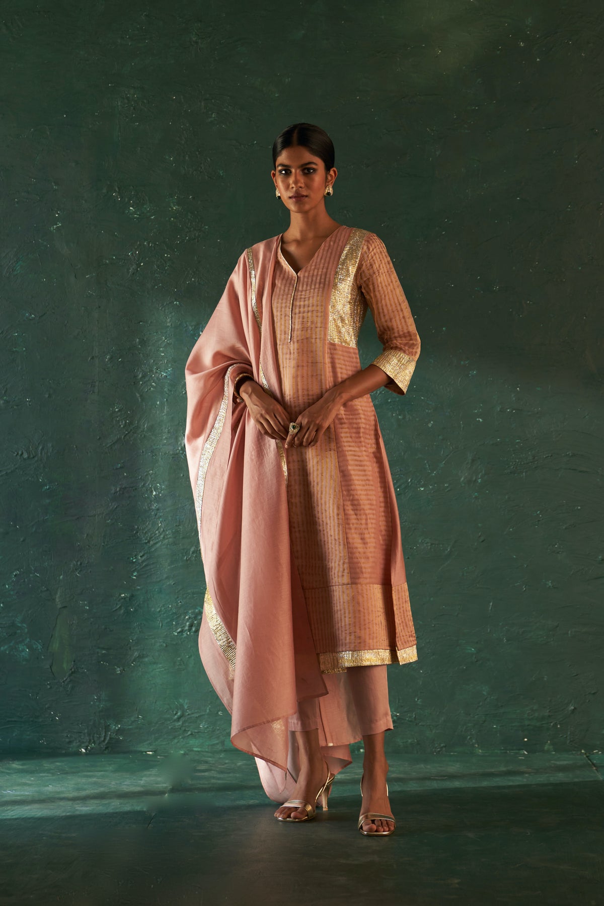 Midas Old Rose Tissue Stripes Kurta set