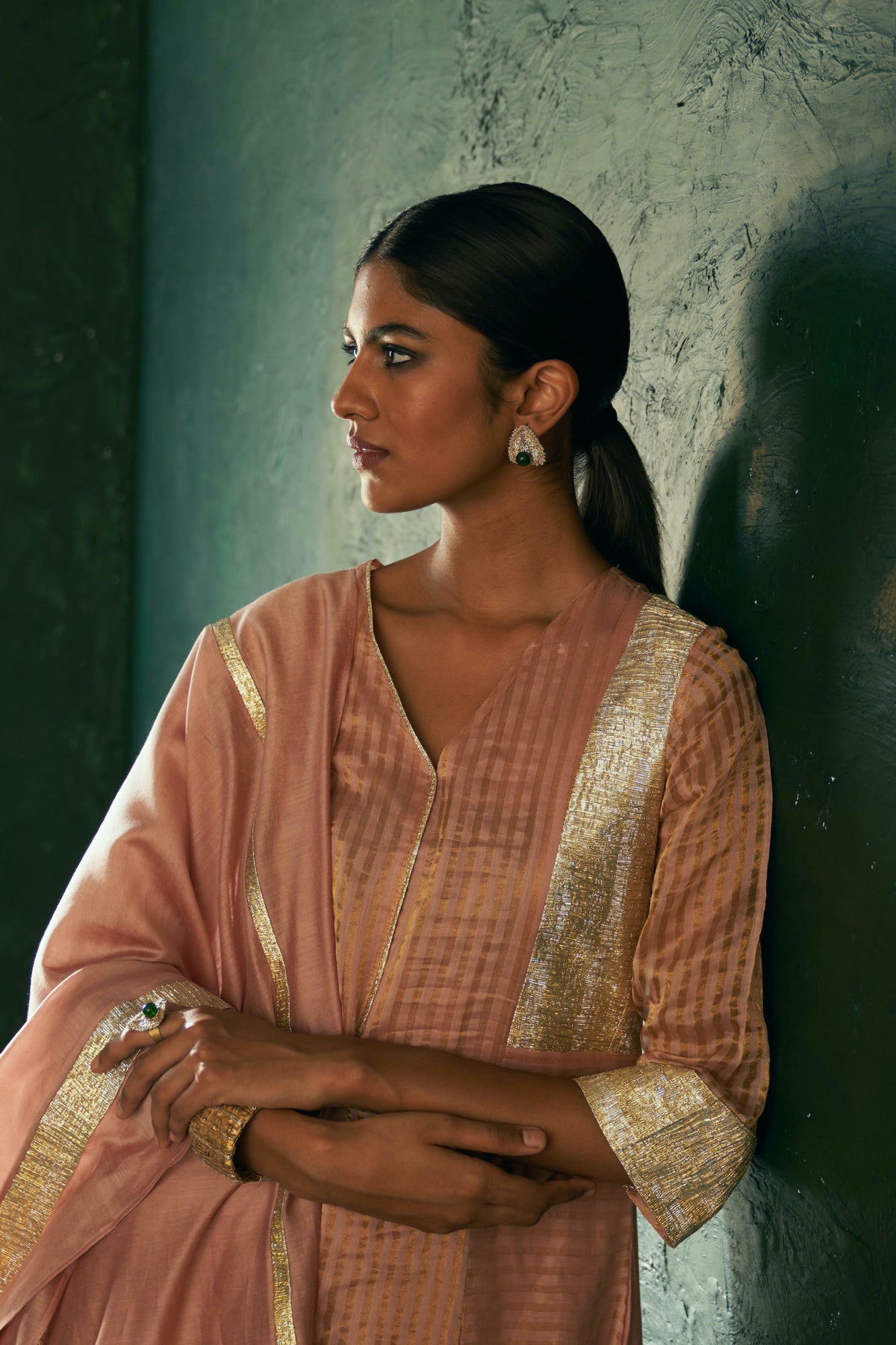 Midas Old Rose Tissue Stripes Kurta set