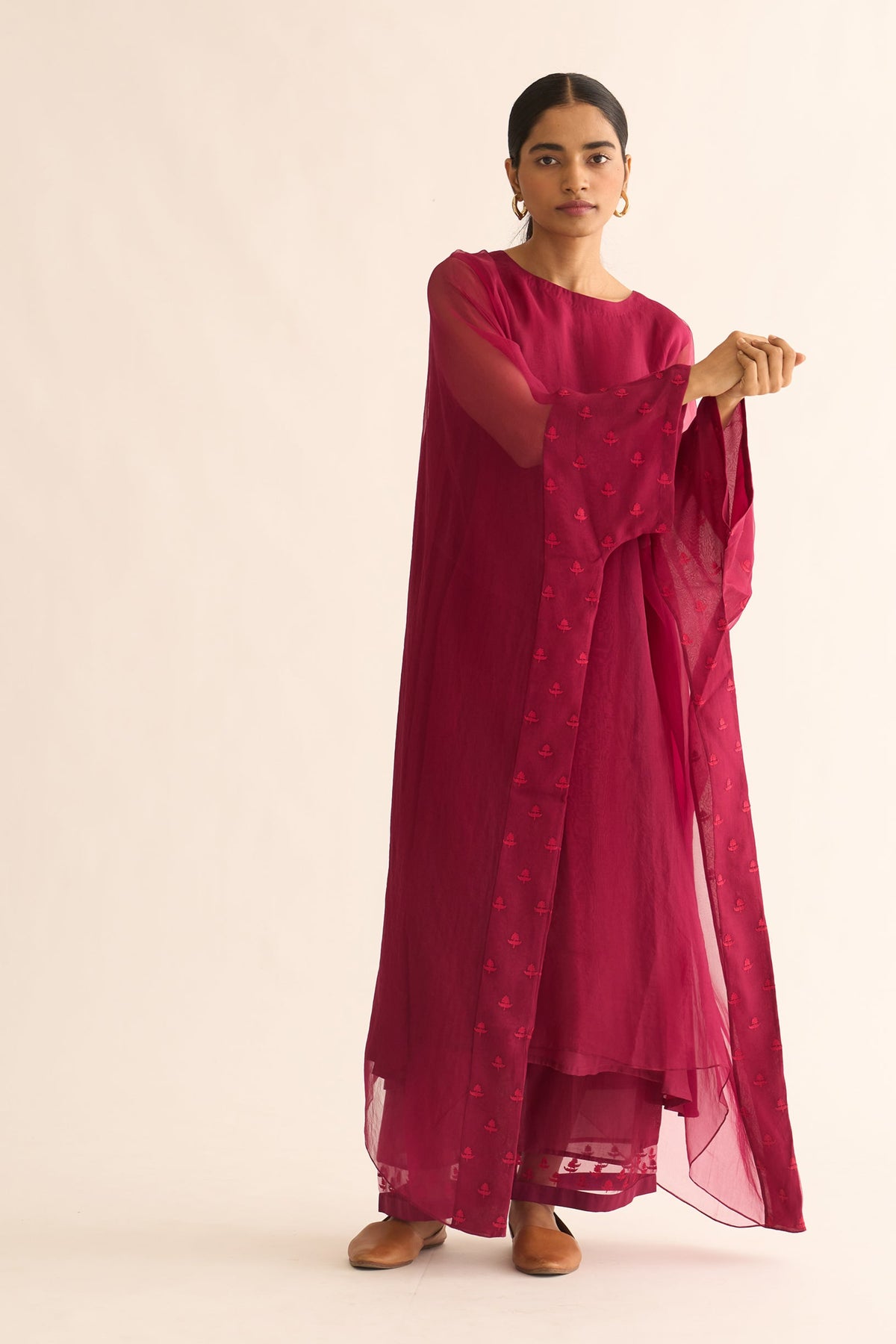 Crimson Pink Embroidered Kaftan Set