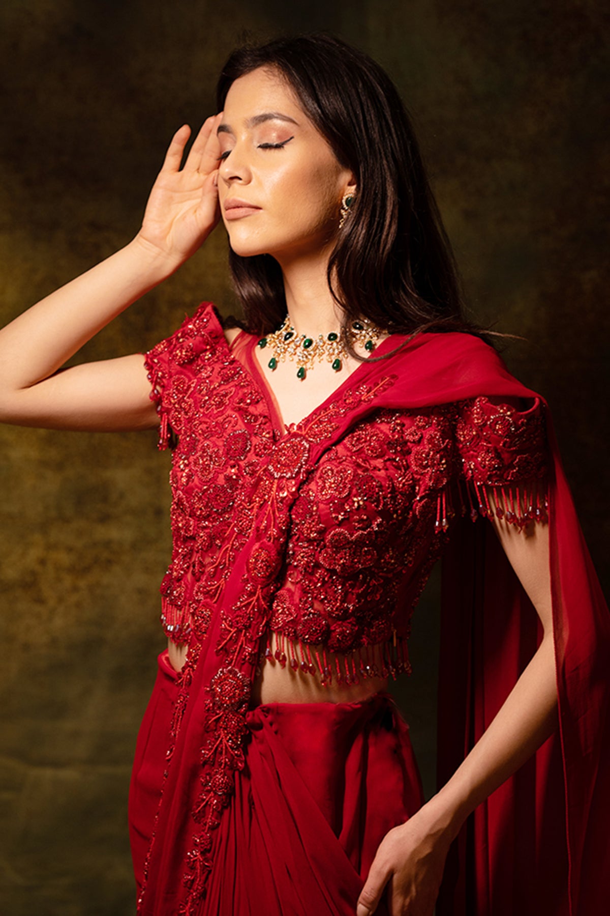 Maroon Floral Ruffle Saree Set