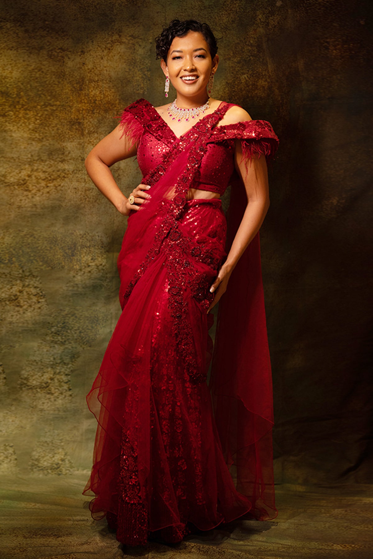 Maroon Floral Saree Set