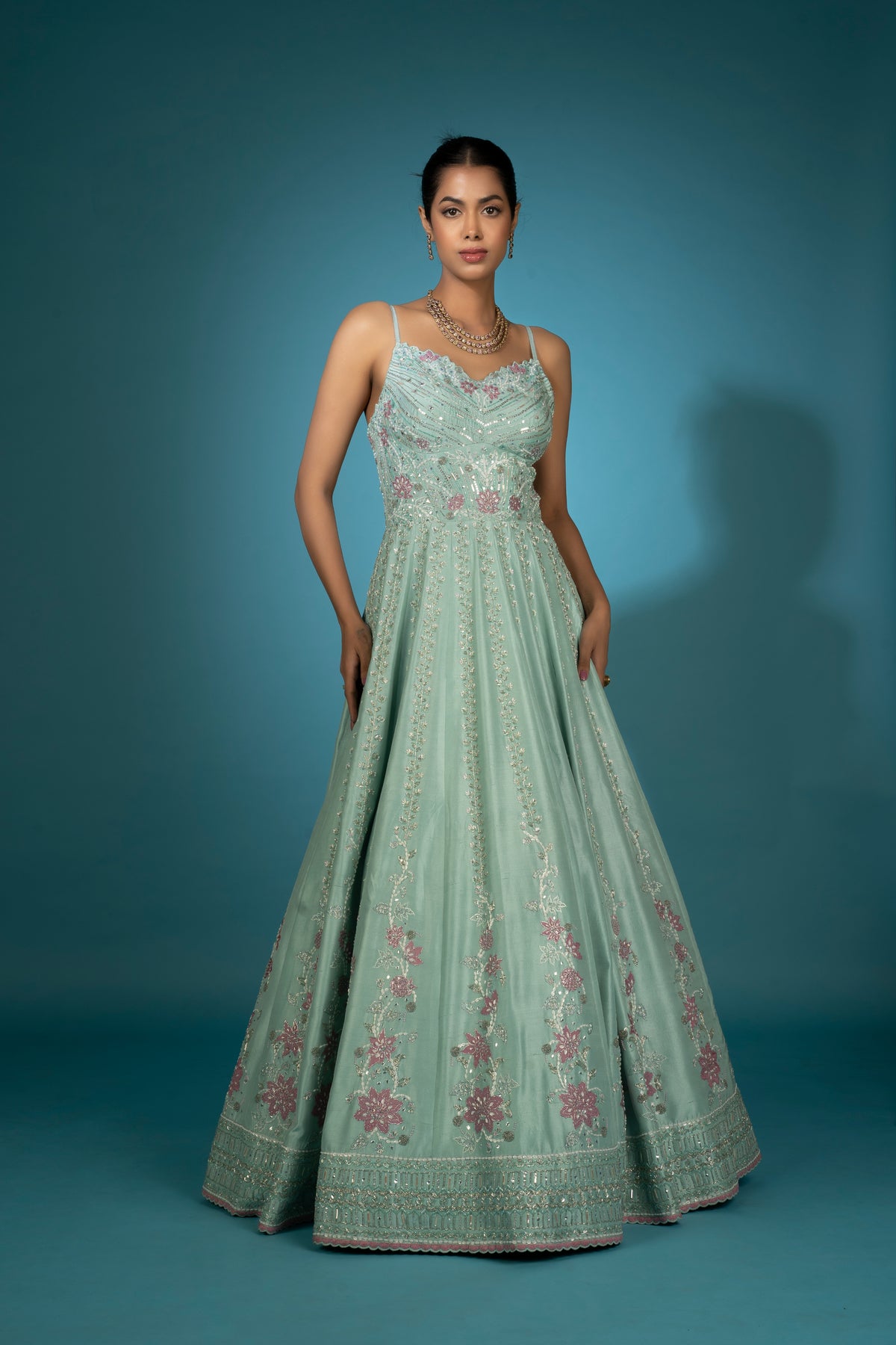 Sea Green Gown With Detachable Cape