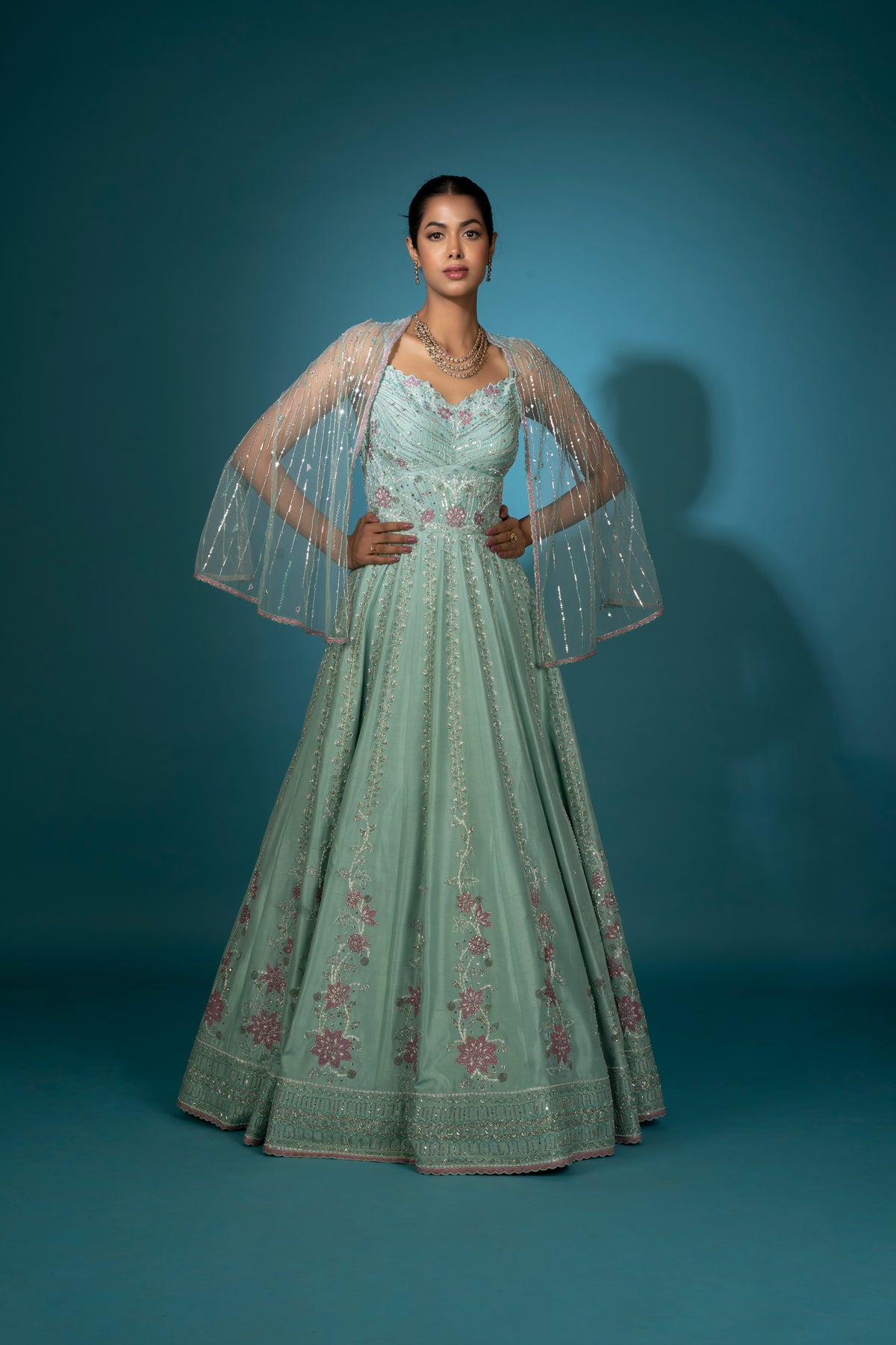 Sea Green Gown With Detachable Cape