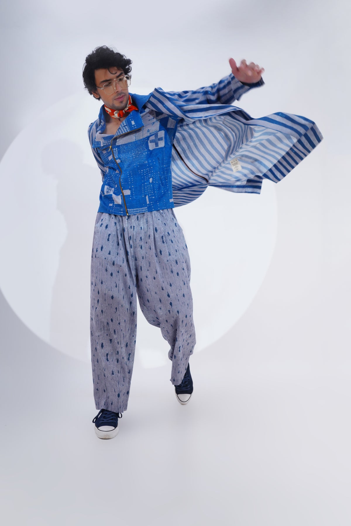 Blue Striped Printed Lapel Long Jacket