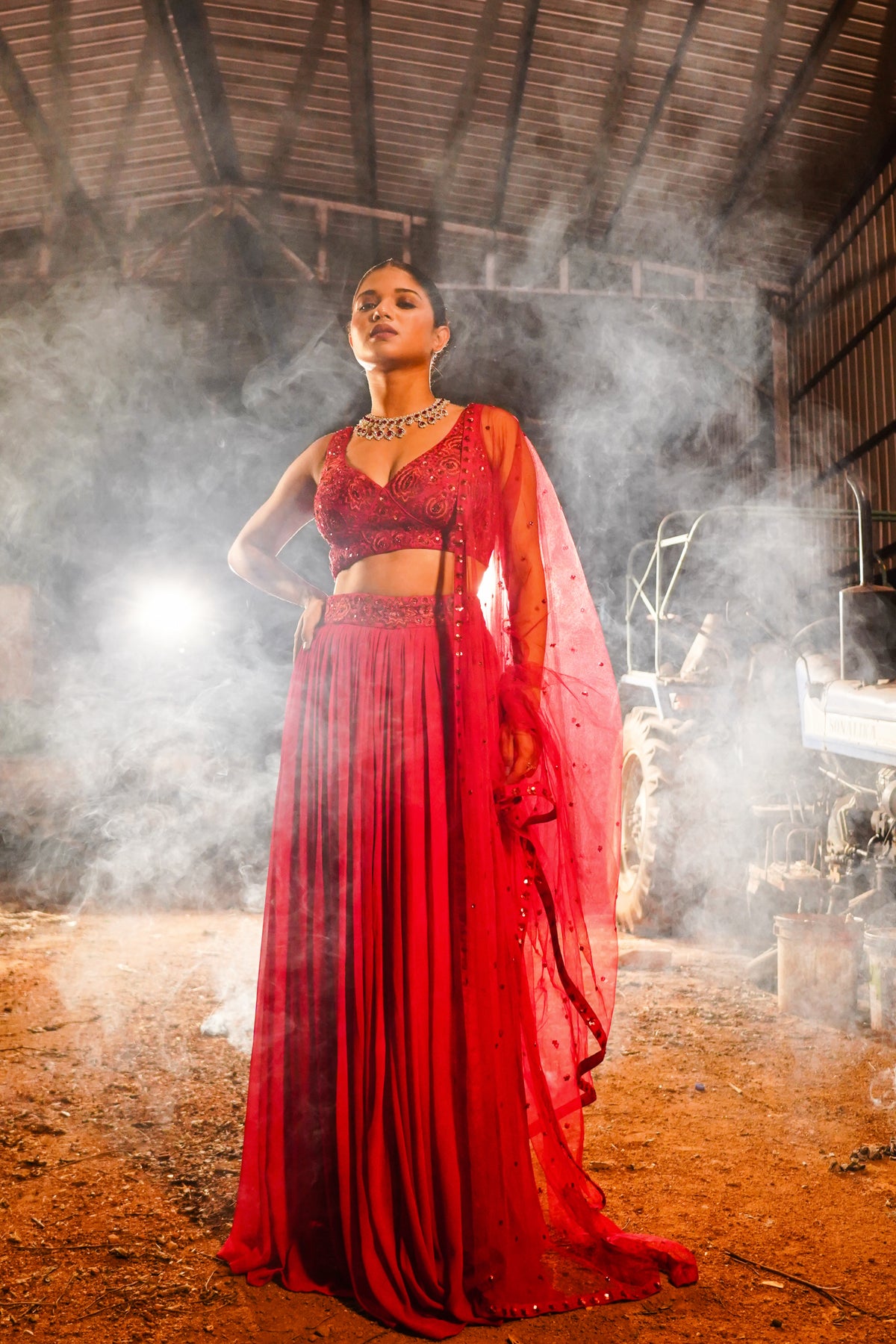 Red Gathered Lehenga Set