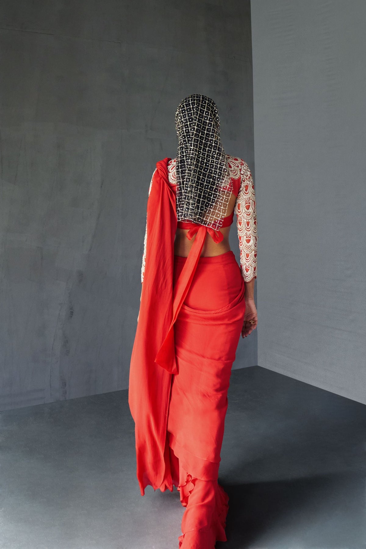 Red Draped Ruffle Saree Set
