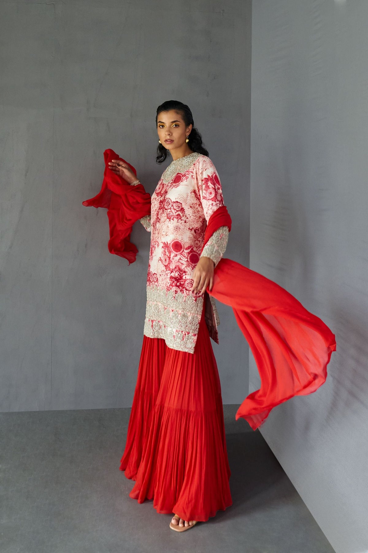 Champagne-red Blossom Sharara Set