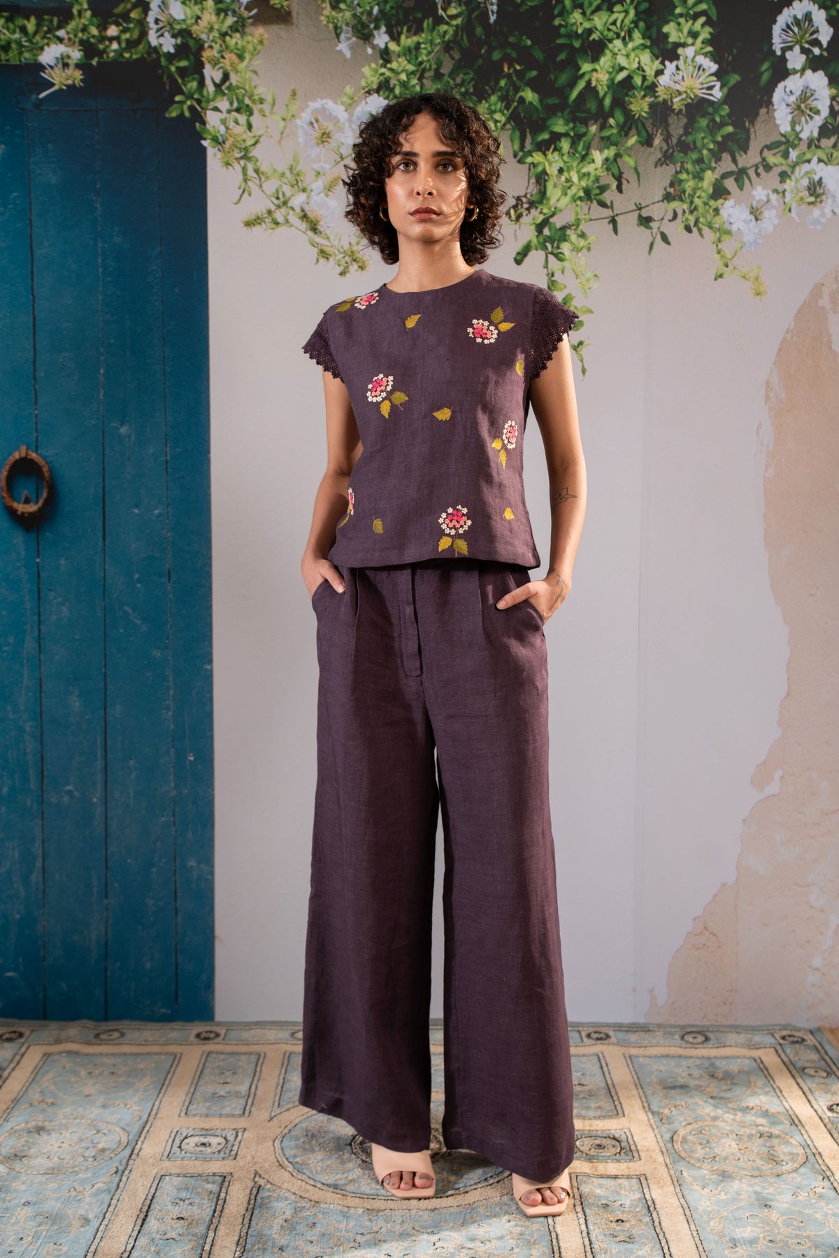 Embroidered Top With Flared Pant
