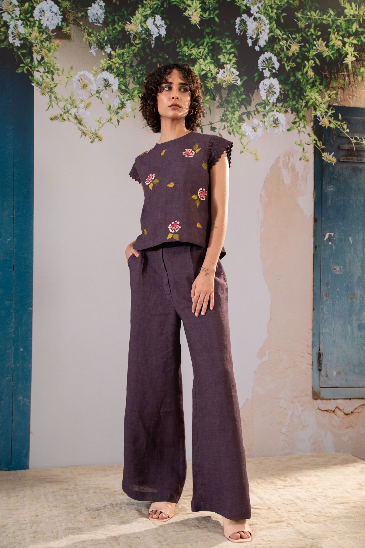 Embroidered Top With Flared Pant