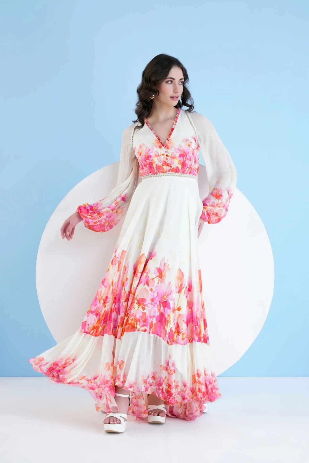 Red Bauhinia Printed Long Dress With V
neckline