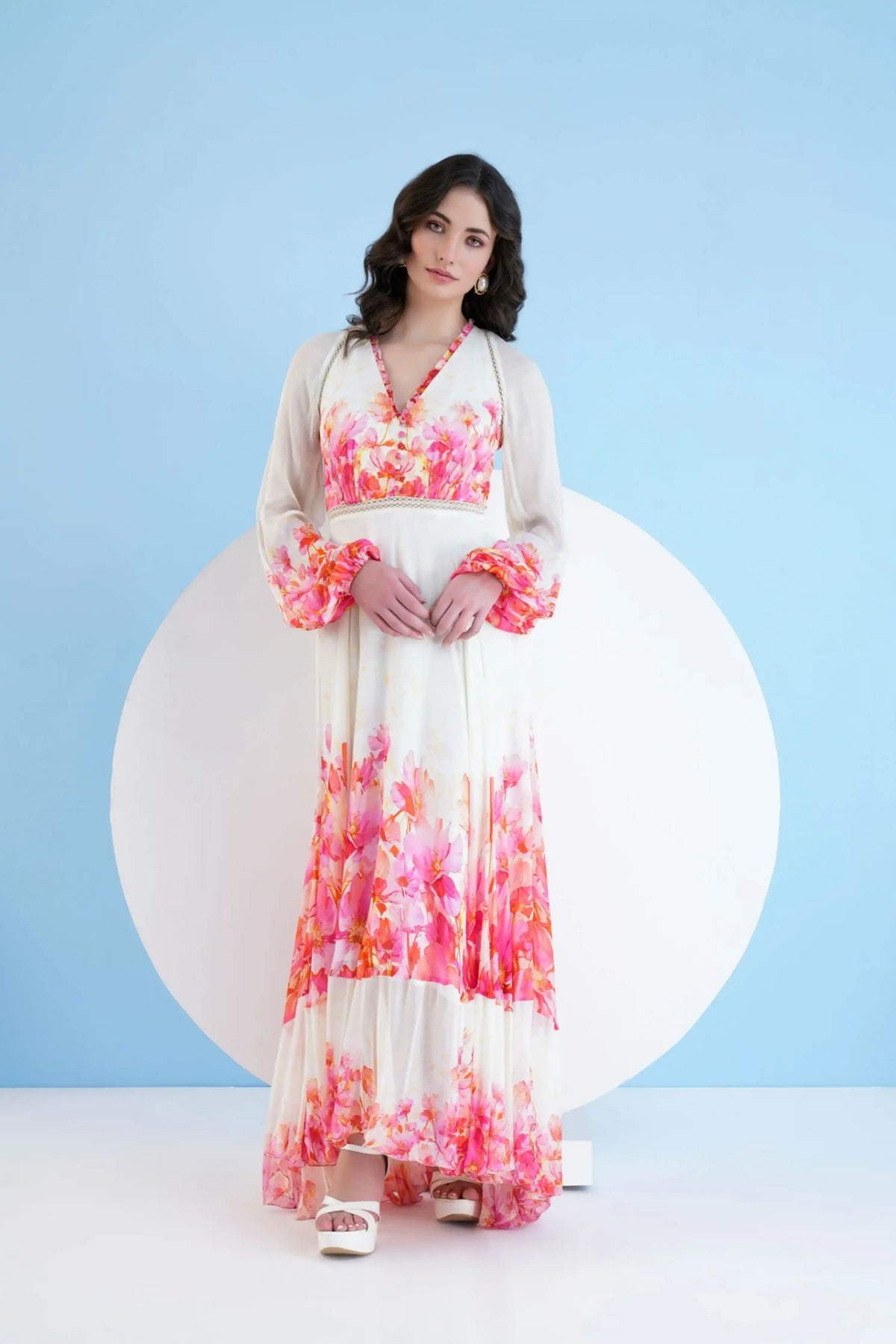 Red Bauhinia Printed Long Dress With V
neckline