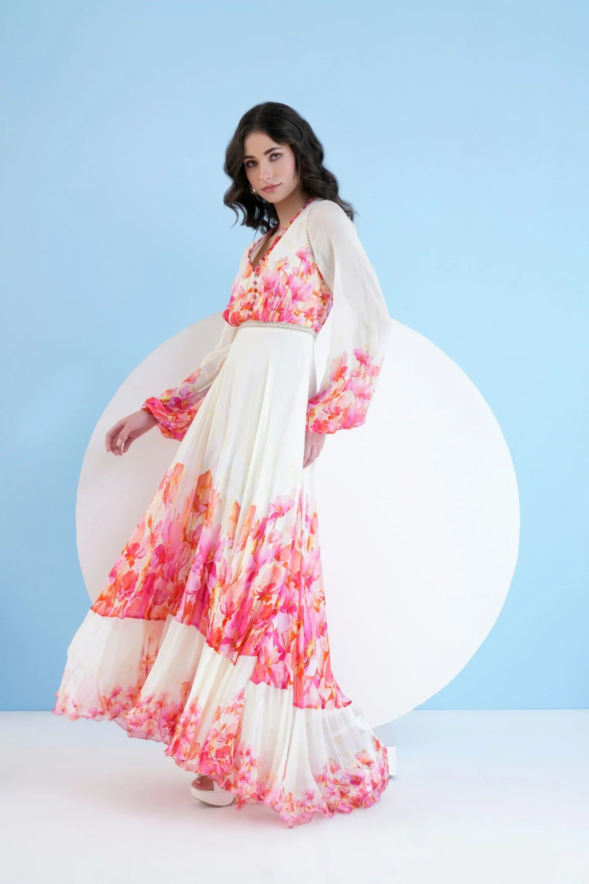Red Bauhinia Printed Long Dress With V
neckline