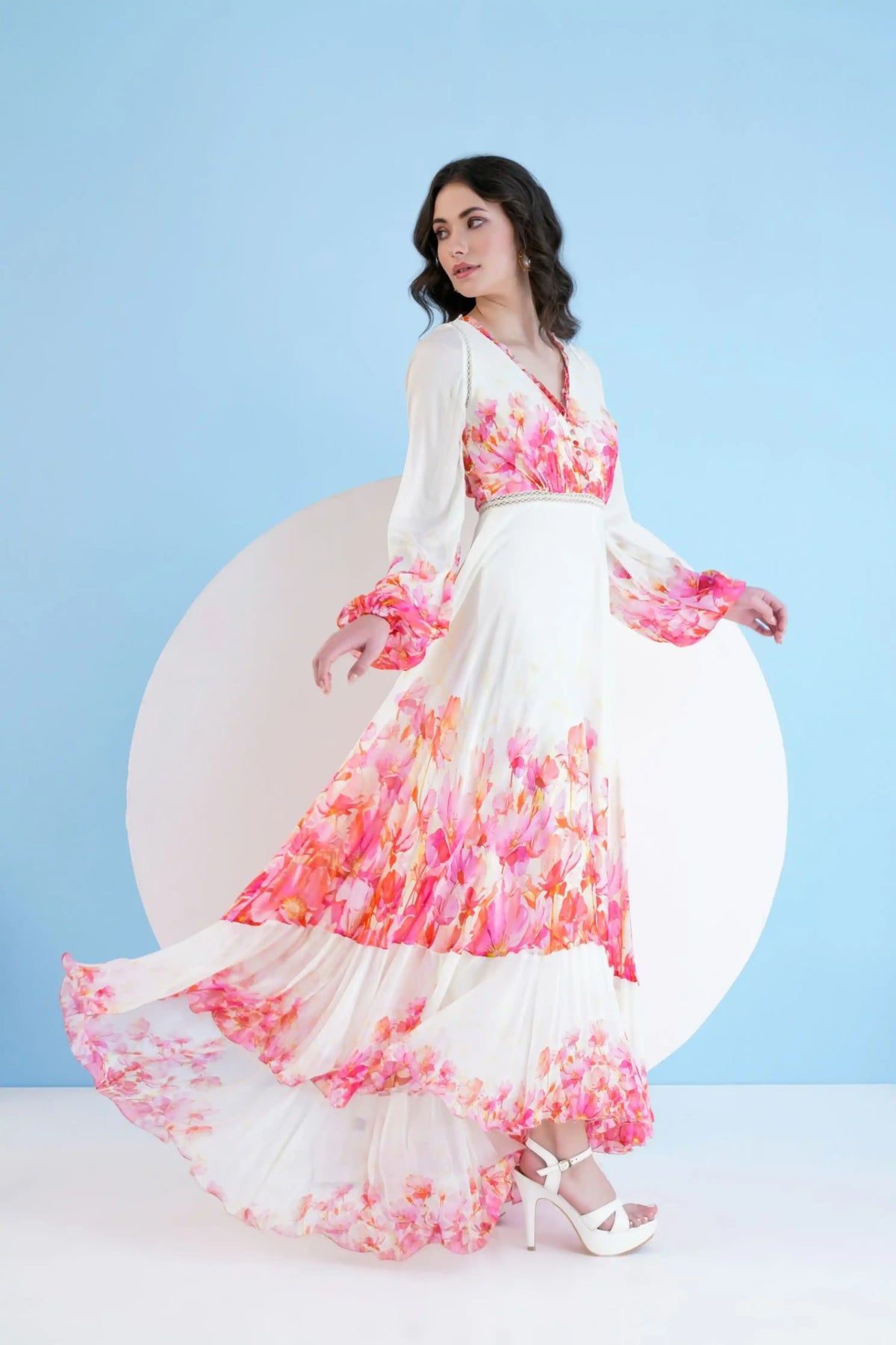 Red Bauhinia Printed Long Dress With V
neckline