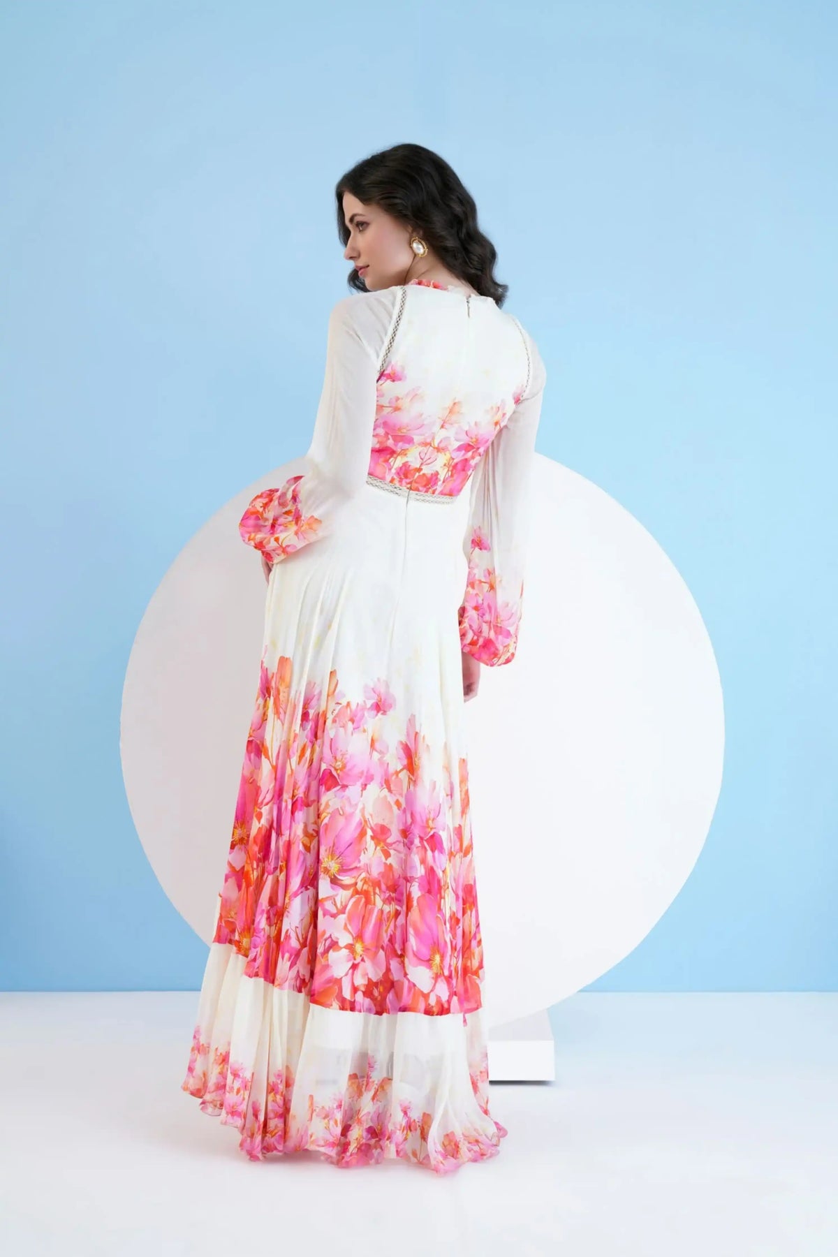 Red Bauhinia Printed Long Dress With V
neckline