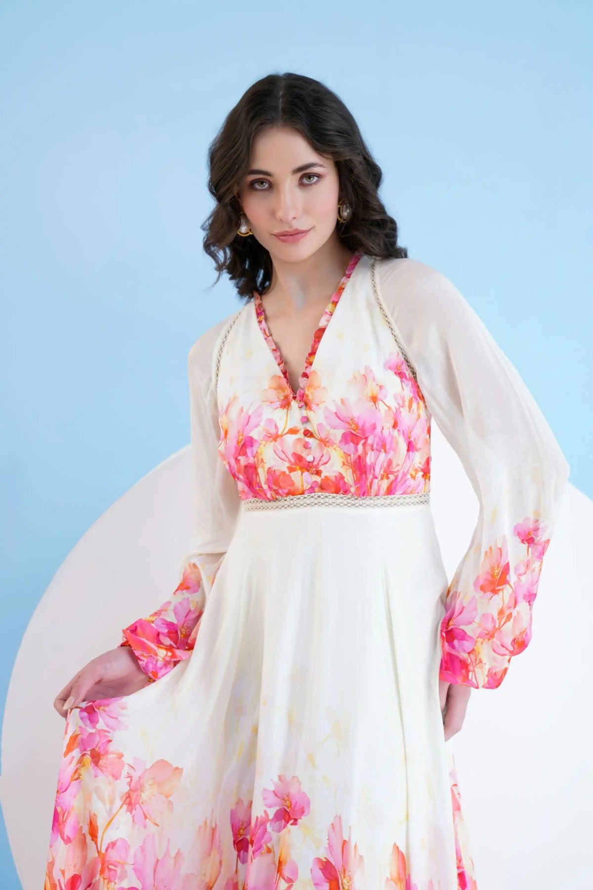 Red Bauhinia Printed Long Dress With V
neckline