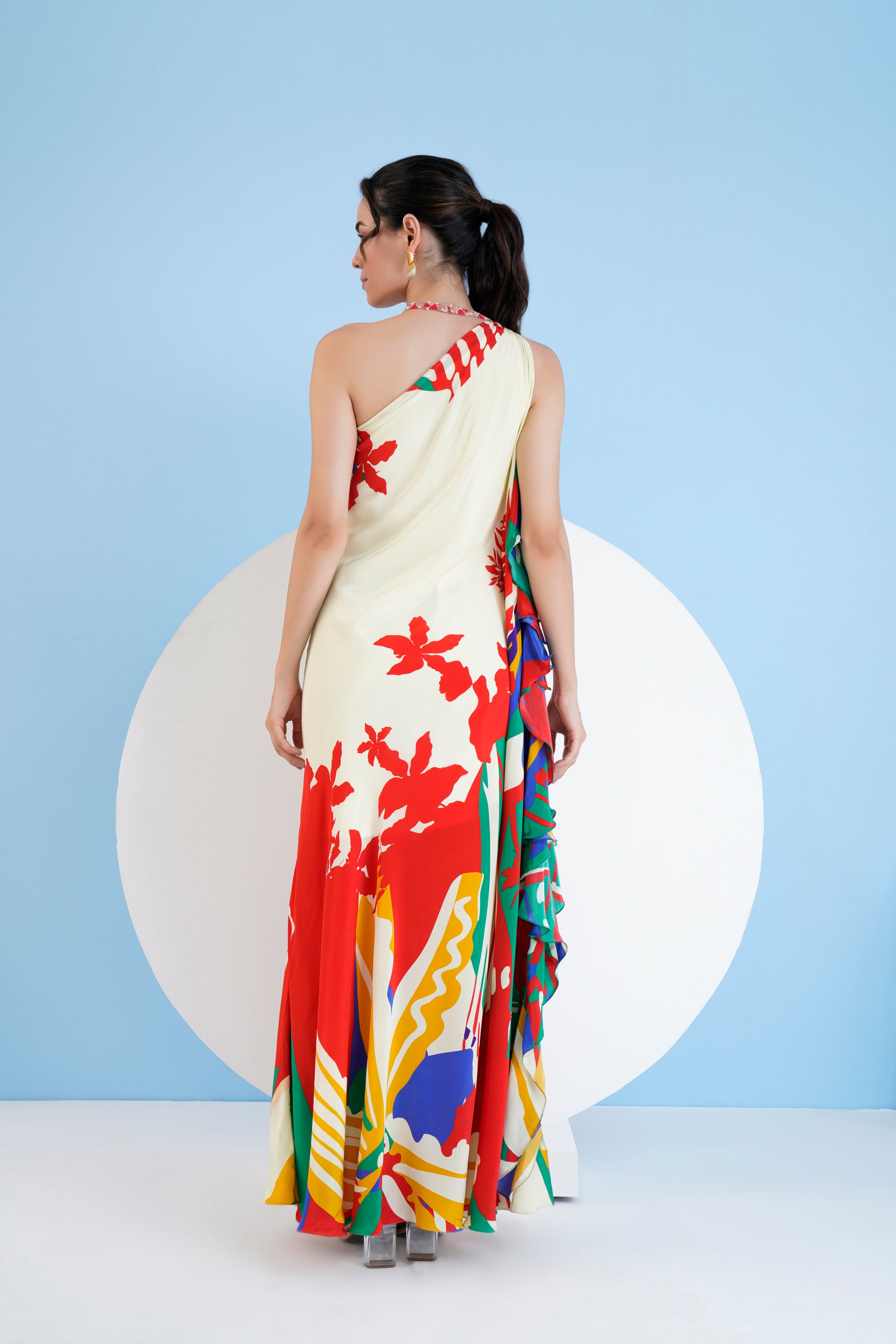 mandira wirk one shoulder dress Blue & Gold Satin Foliage Printed One-Shoulder Midi Vacation Dress by Mandira Wirk