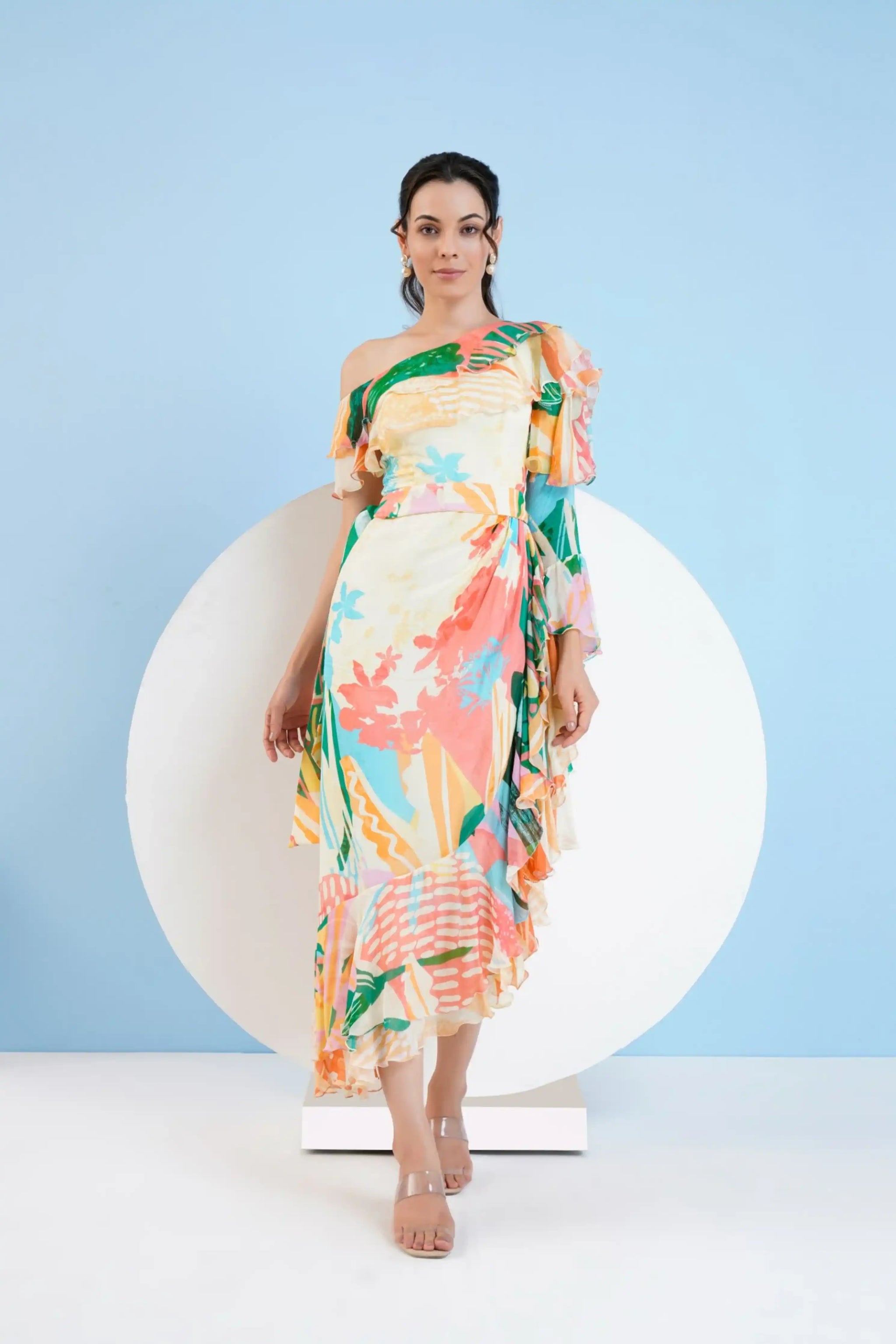 mandira wirk one-shoulder printed dress Blue One Shoulder Printed Dress Design by Mandira Wirk at Pernia's Pop Up Shop 2026