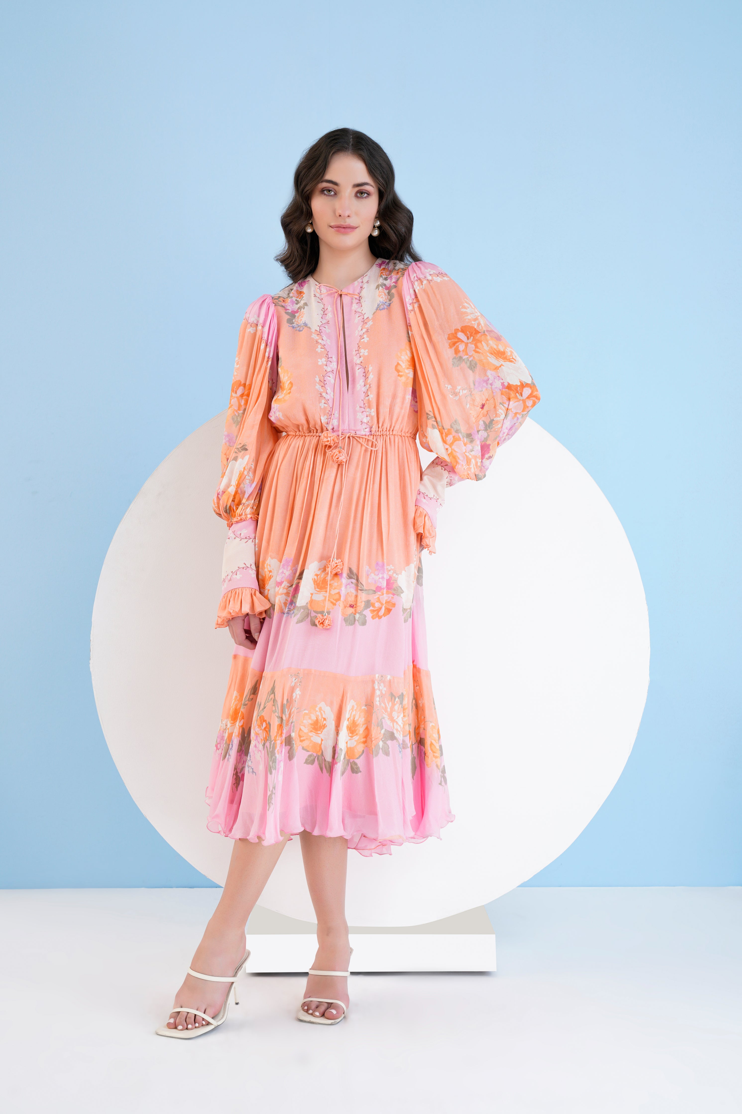 Mandira Wirk - Orange Corsage Printed Calf Length Chiffon Dress