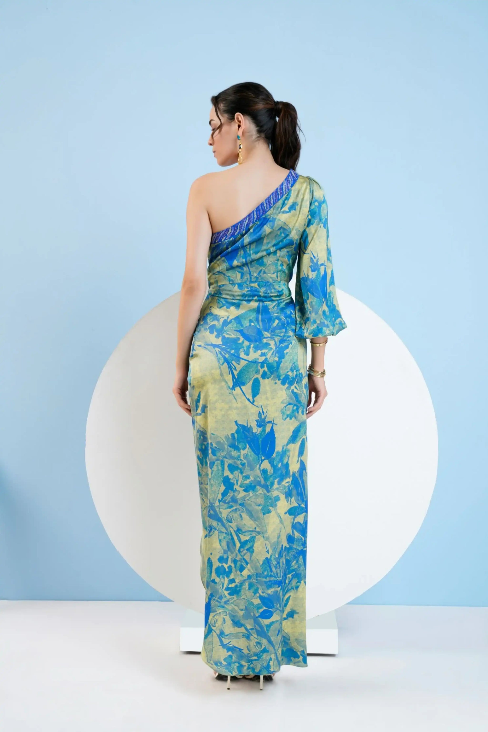 mandira wirk one shoulder dress Blue & Gold Satin Foliage Printed One-Shoulder Midi Vacation Dress by Mandira Wirk