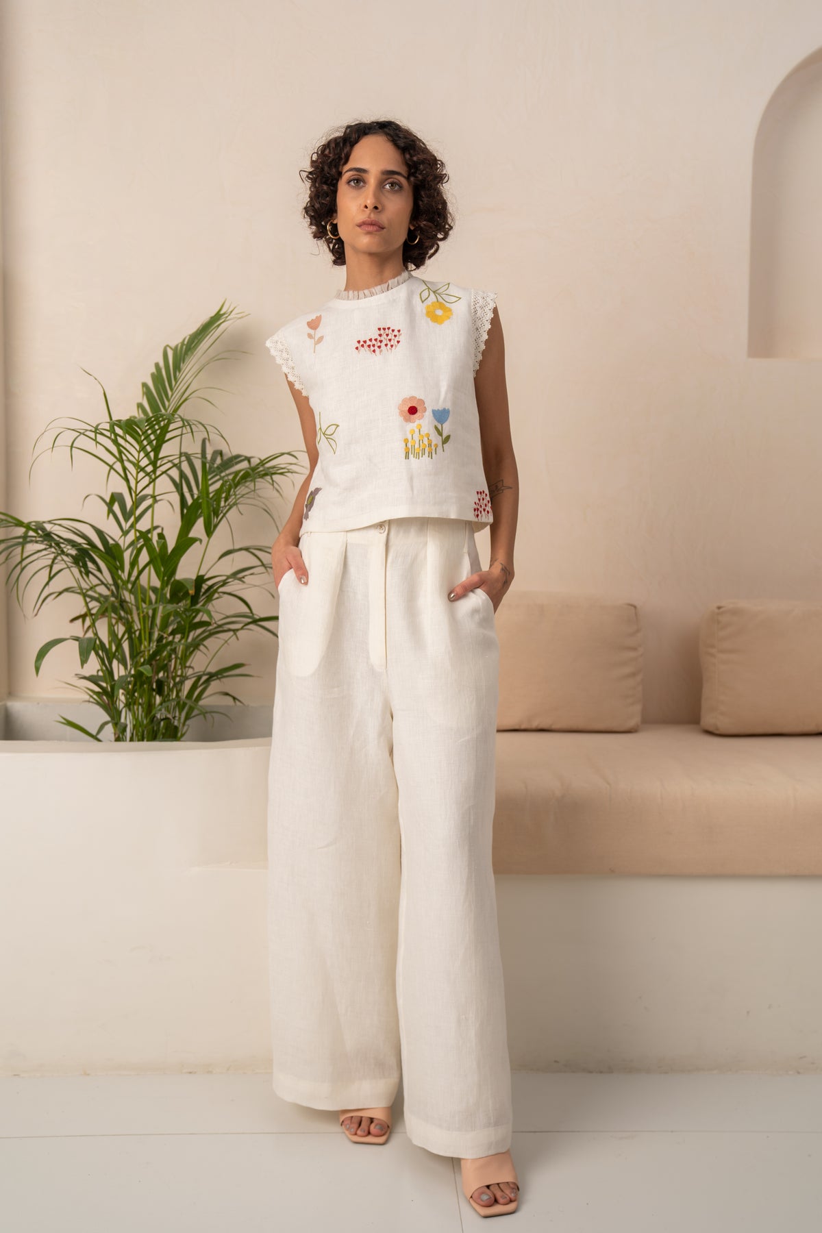 Ivory Emebroidered Linen Co-ord Set