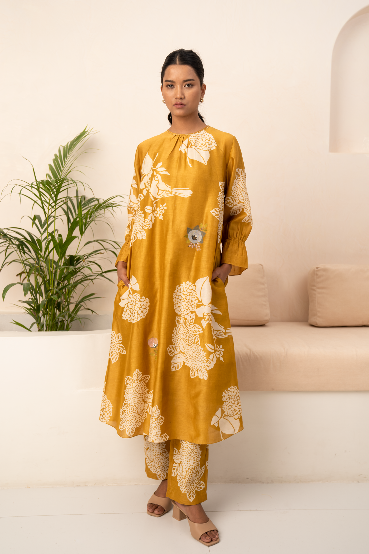 Ochre Floral Printed Kurta Set