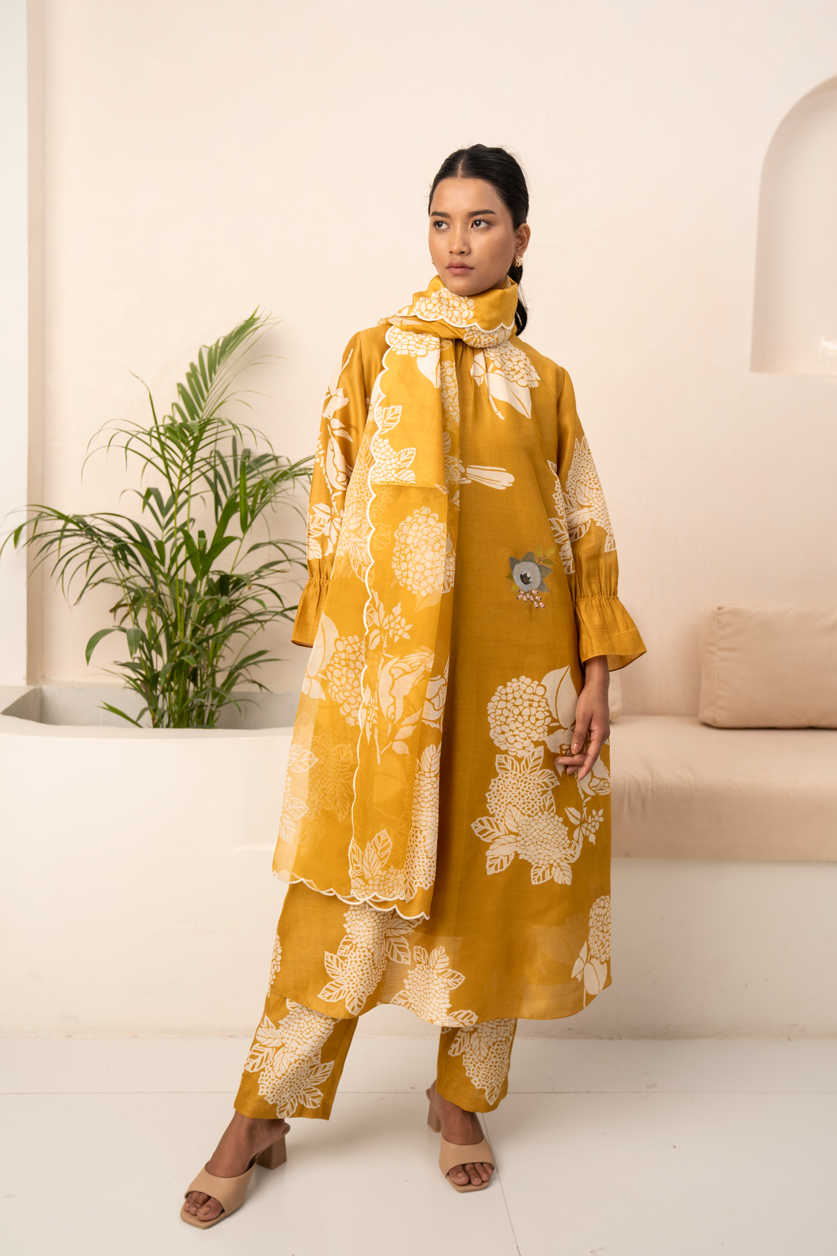Ochre Floral Printed Kurta Set