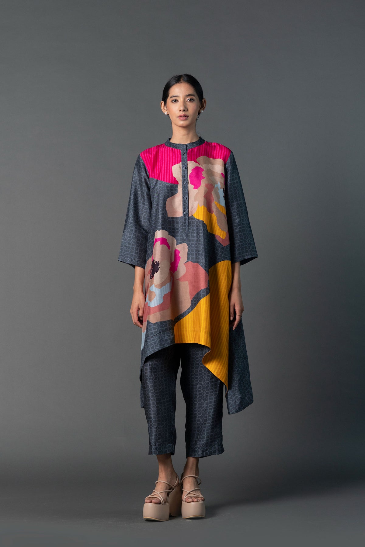 Dark Grey Hot Pink Kurta Set
