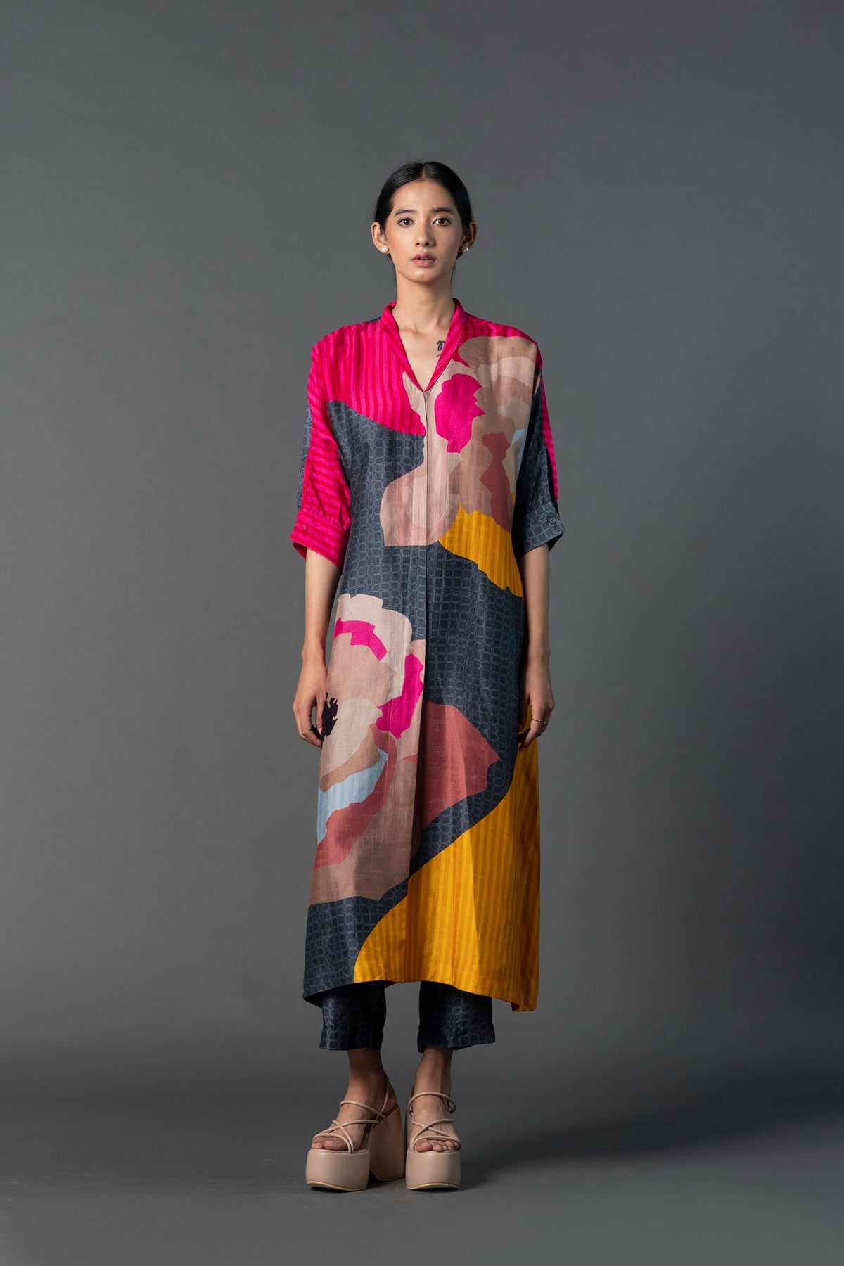 Dark Grey Hot Pink Kurta Set