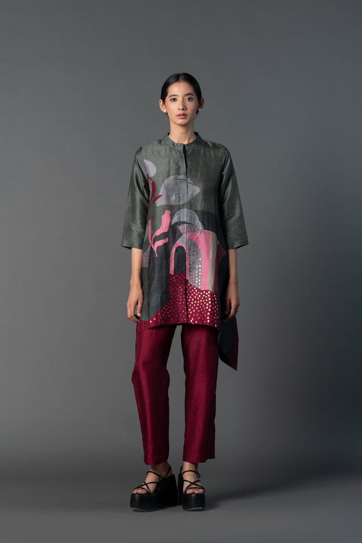Dark Grey Mahroon Tunic Set