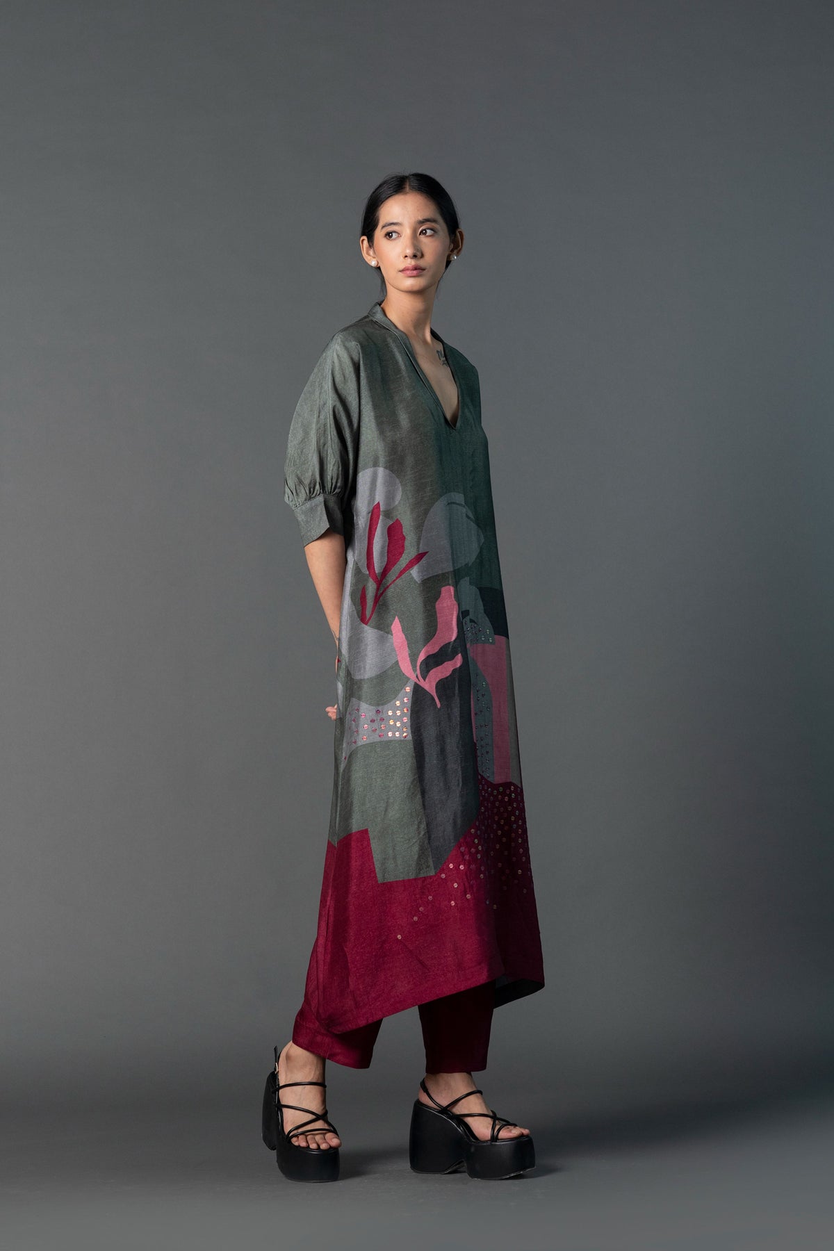 Dark Grey Mahroon Kurta Set