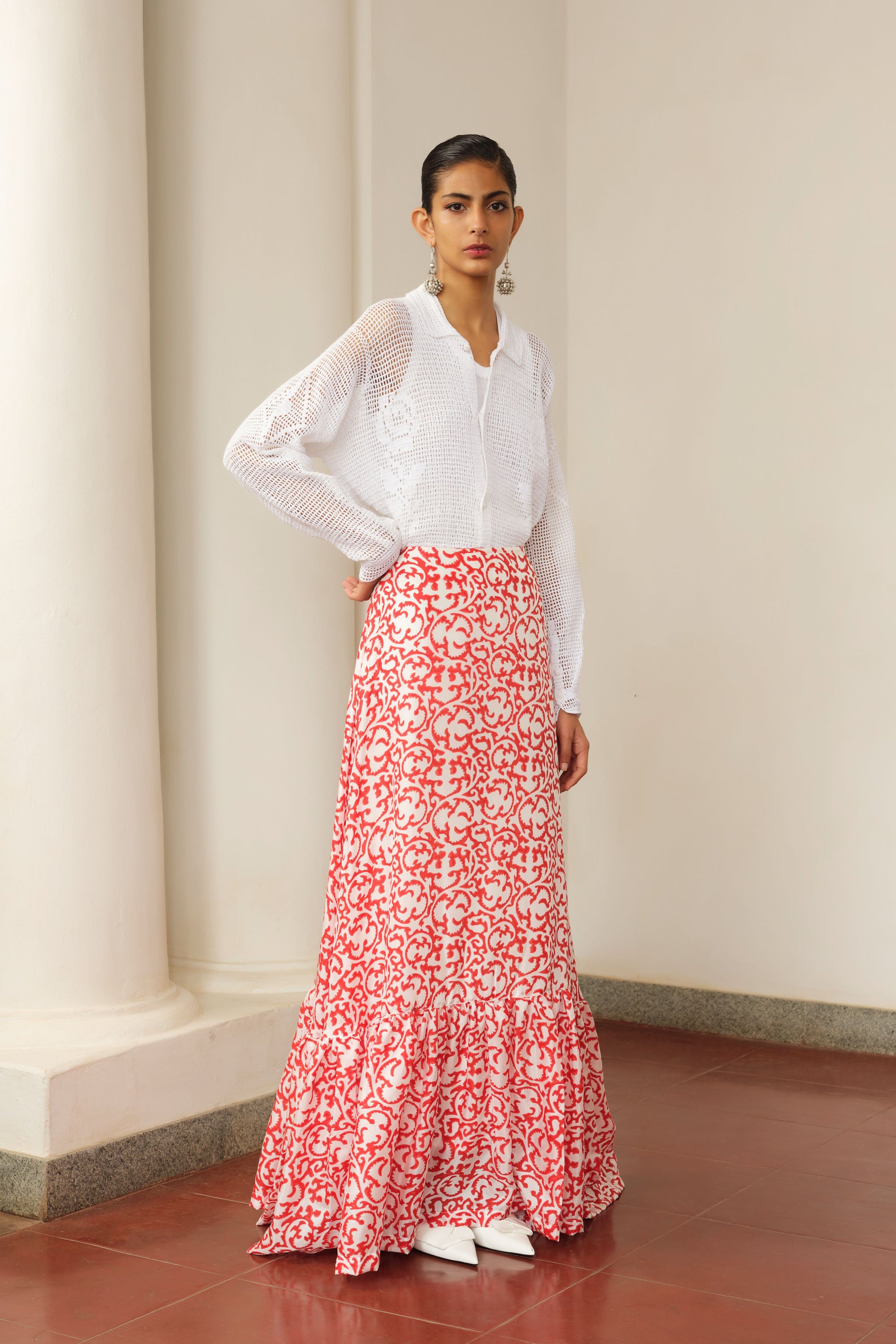 Red and White Silk Skirt