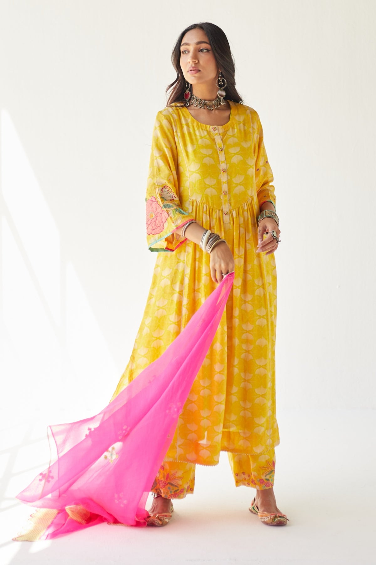 Yellow Front Puckering Kurta Set