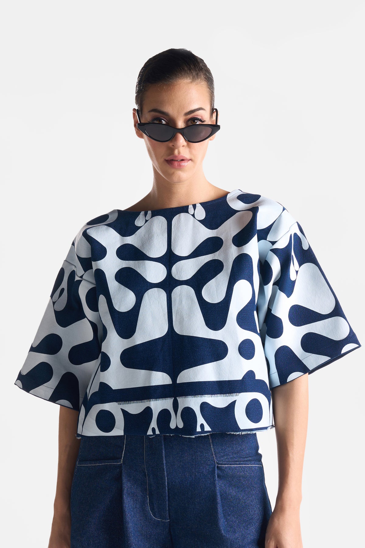 Denim Blanc Abstract Top