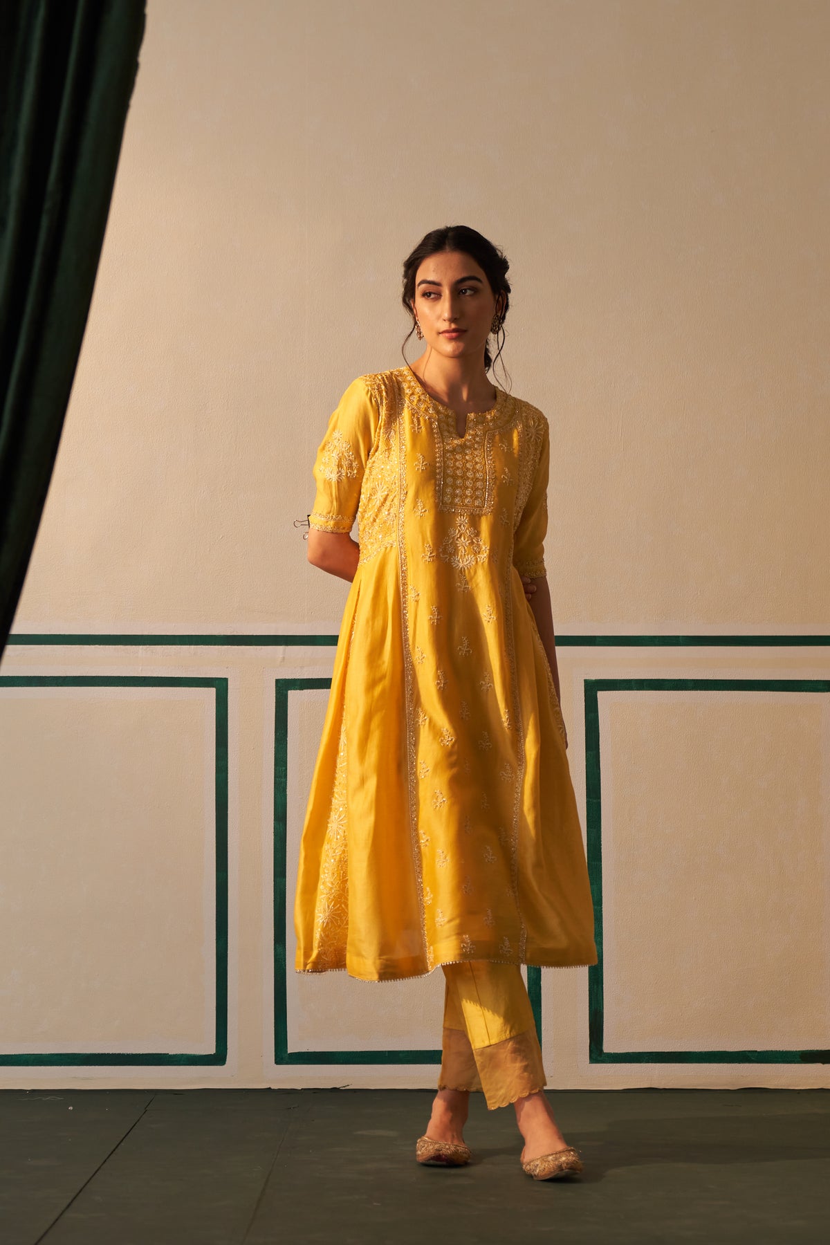 Mango Yellow Chanderi Chikankari Anarkali