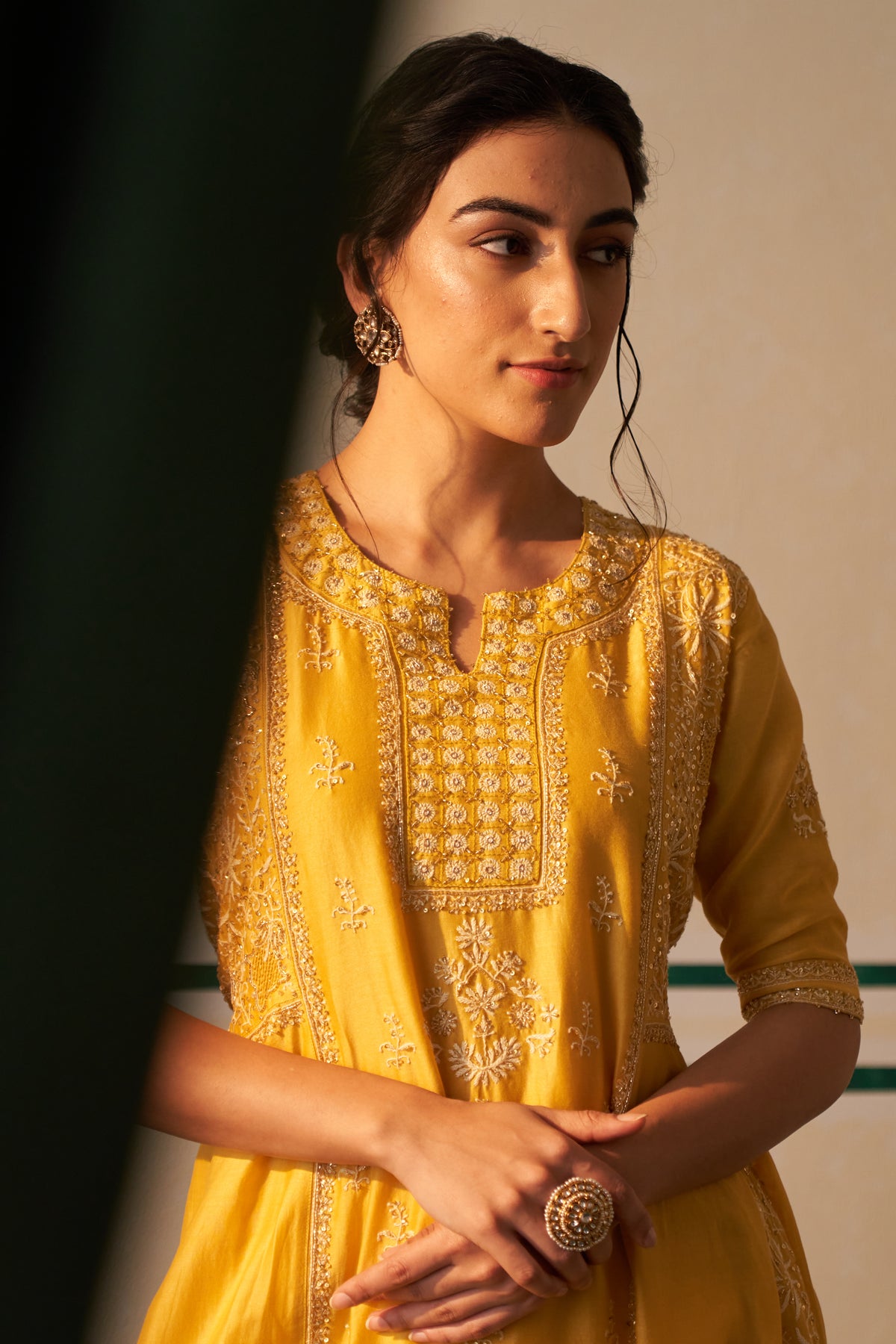 Mango Yellow Chanderi Chikankari Anarkali