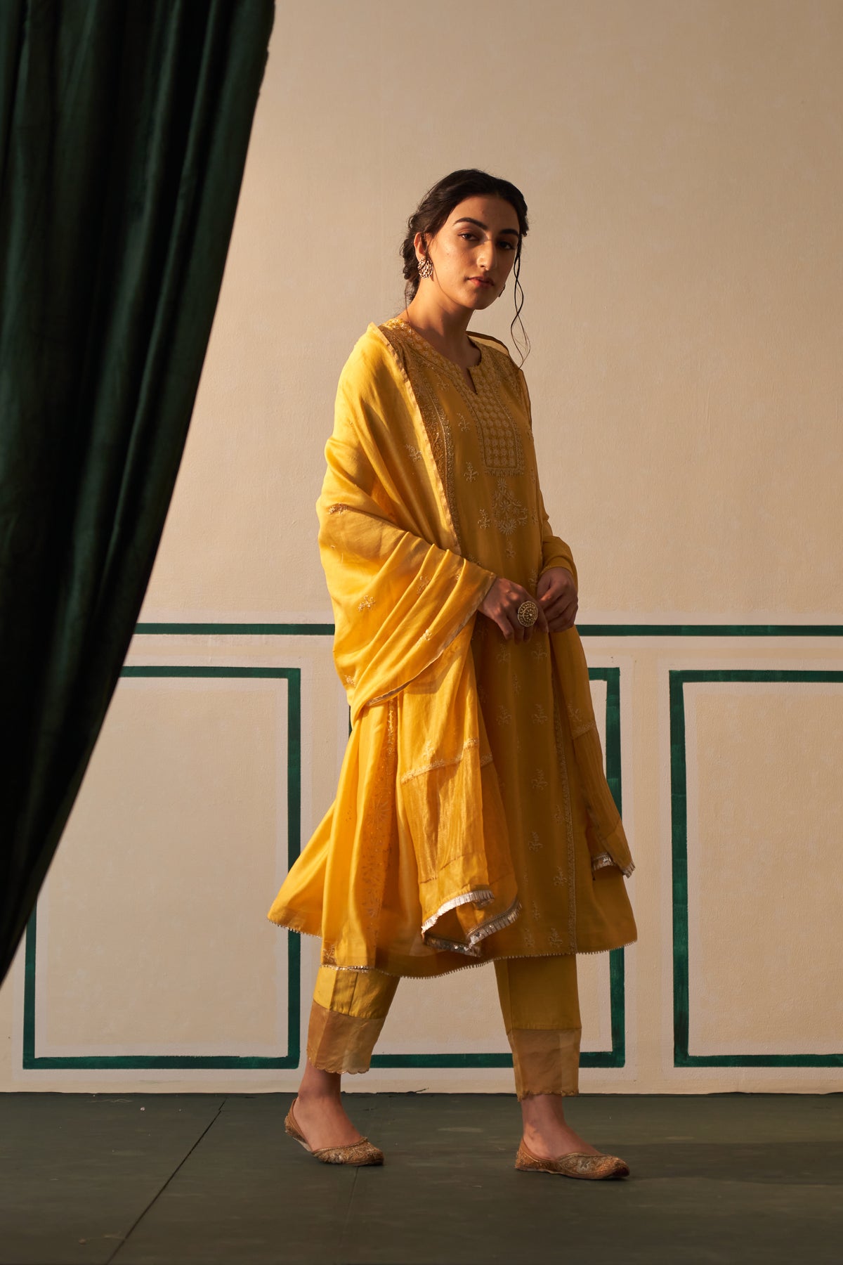 Mango Yellow Chanderi Chikankari Anarkali