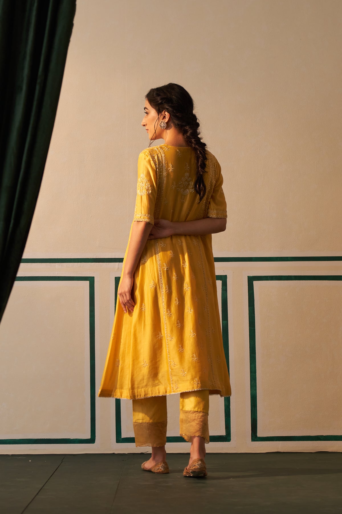 Mango Yellow Chanderi Chikankari Anarkali