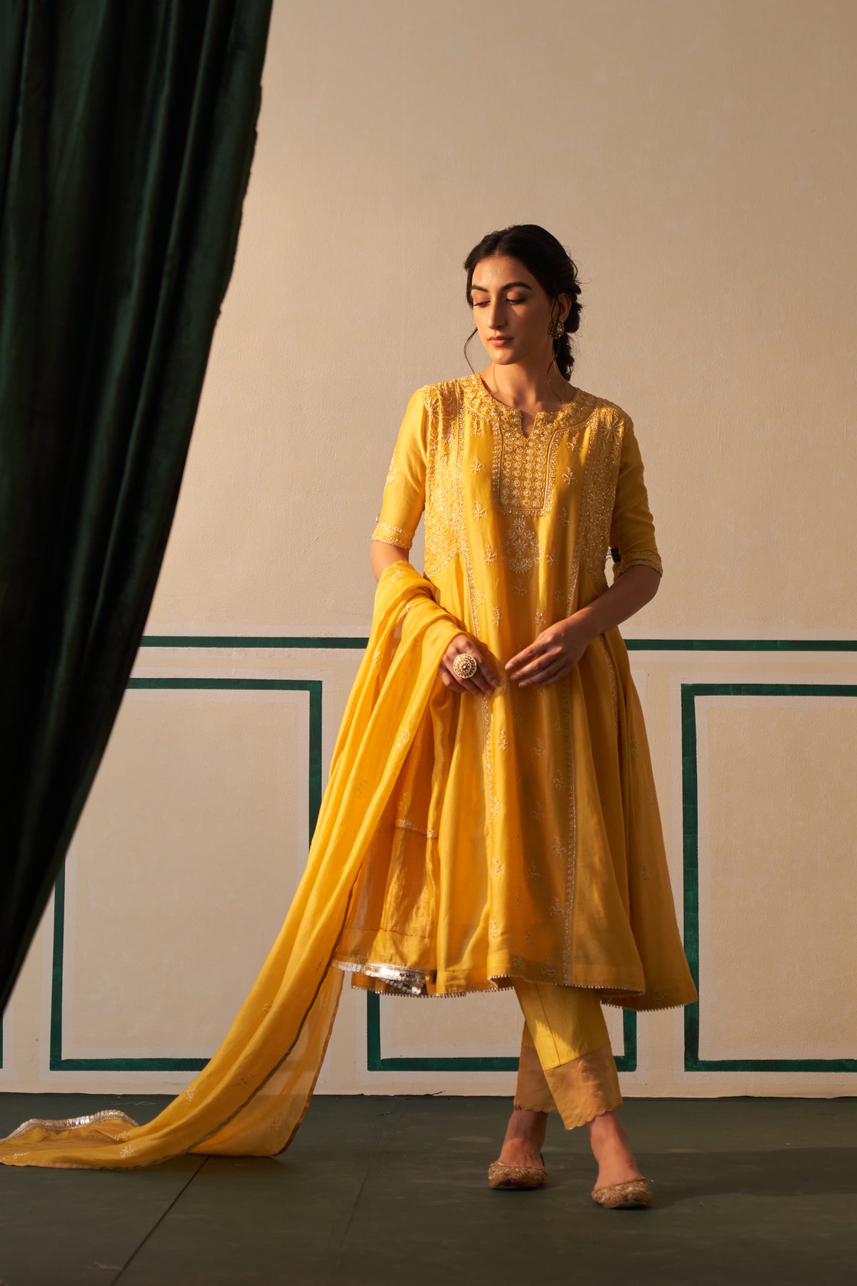 Mango Yellow Chanderi Chikankari Anarkali