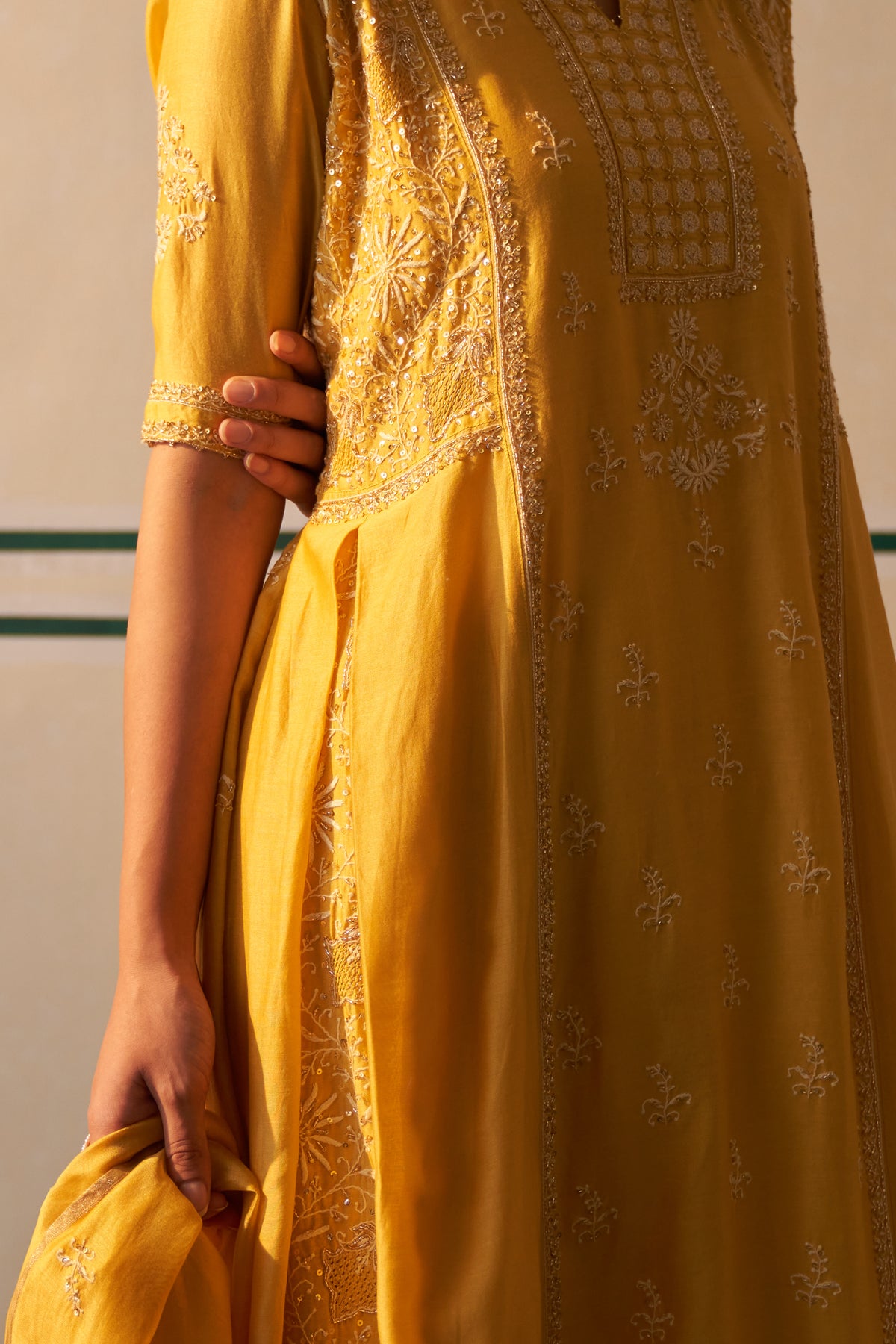 Mango Yellow Chanderi Chikankari Anarkali