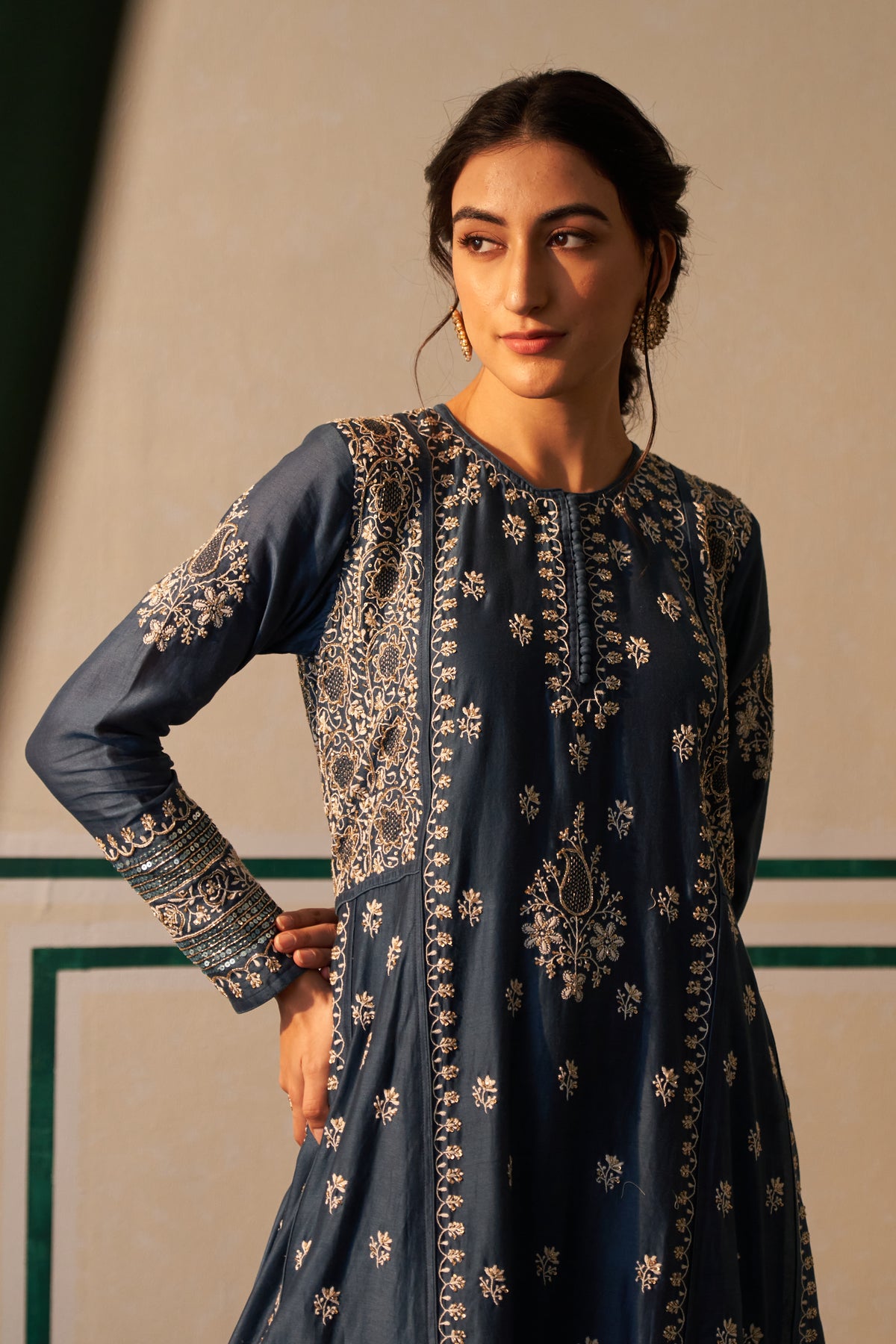 Cobalt Blue Chanderi Anarkali Set