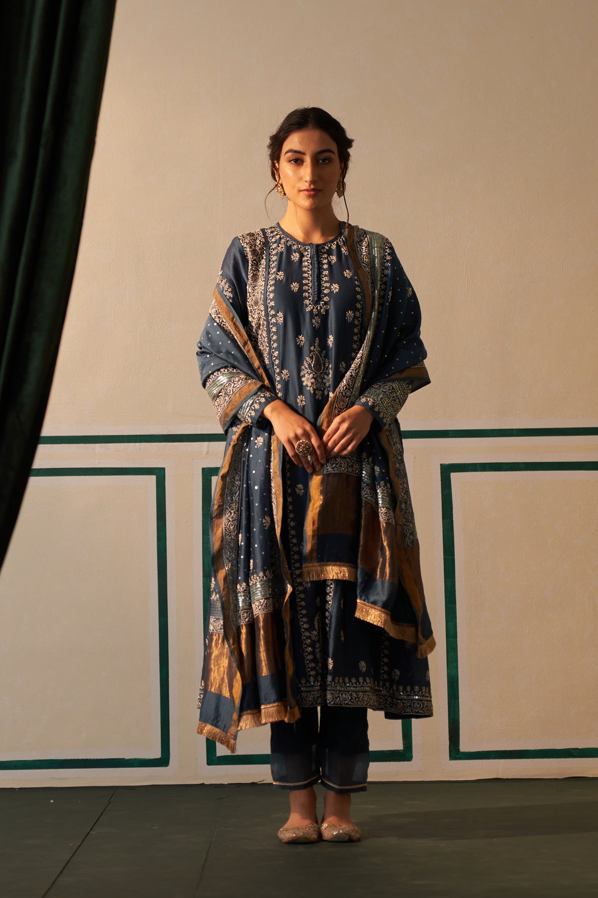 Cobalt Blue Chanderi Anarkali Set