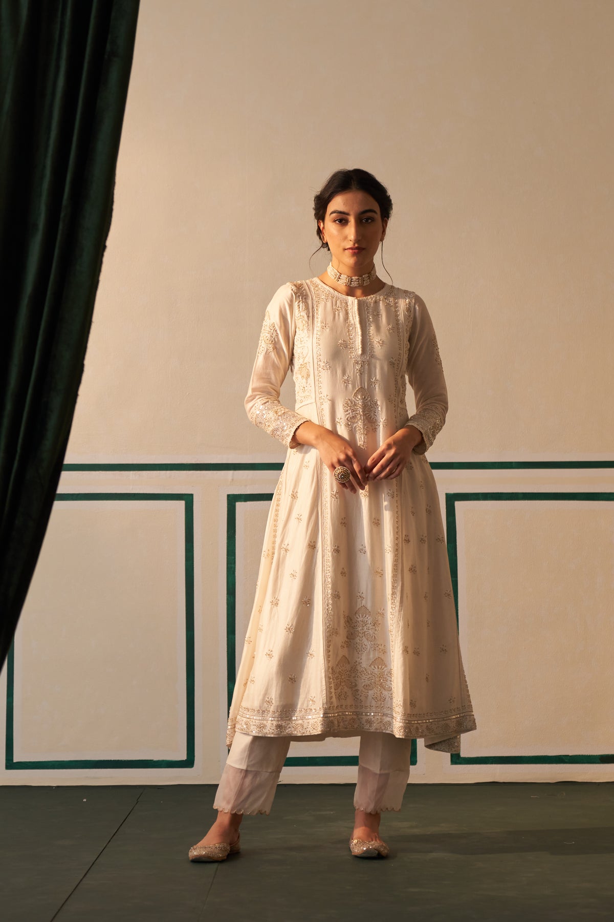 White Chanderi Chikankari  kurta set