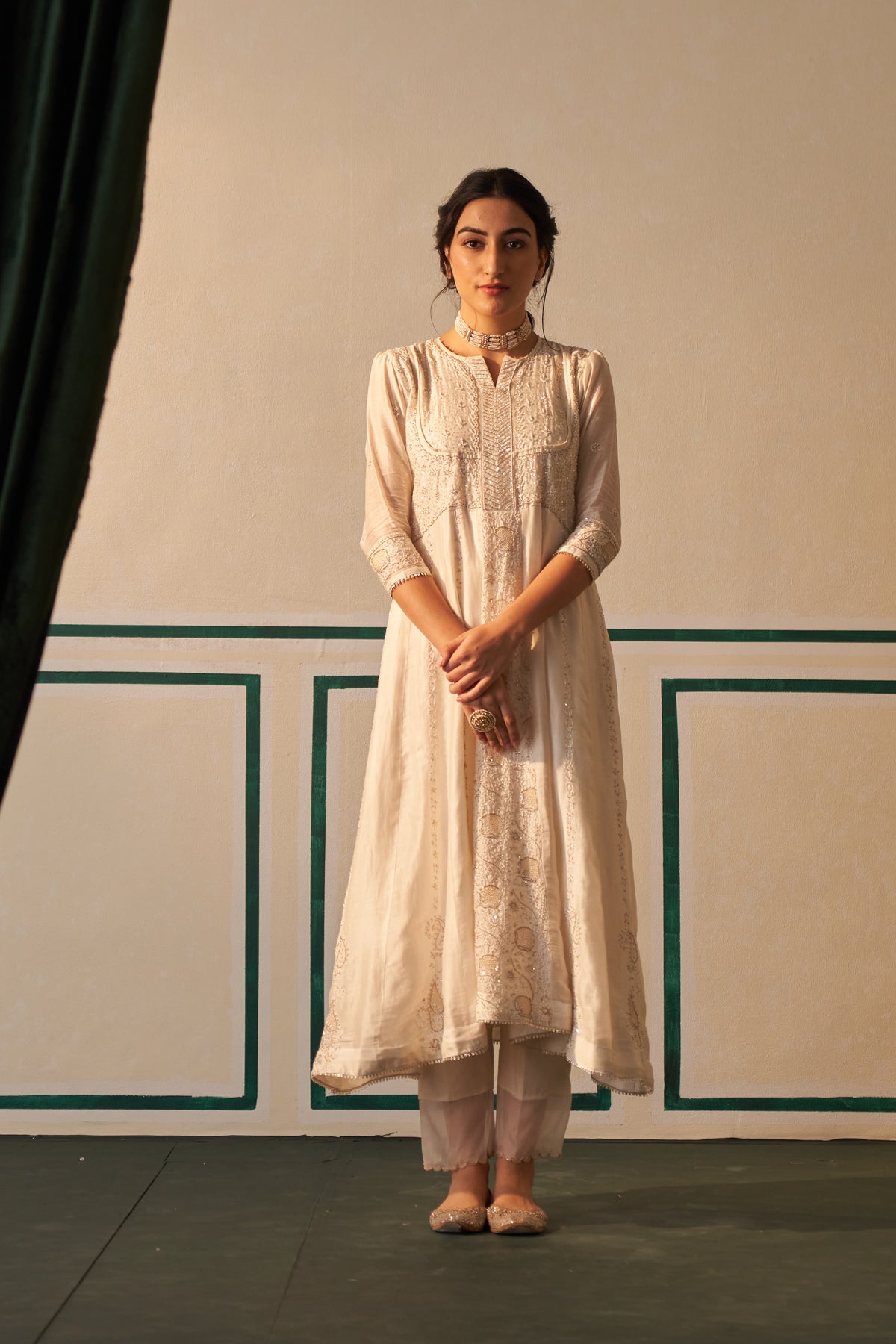 White Chanderi Anarkali Set