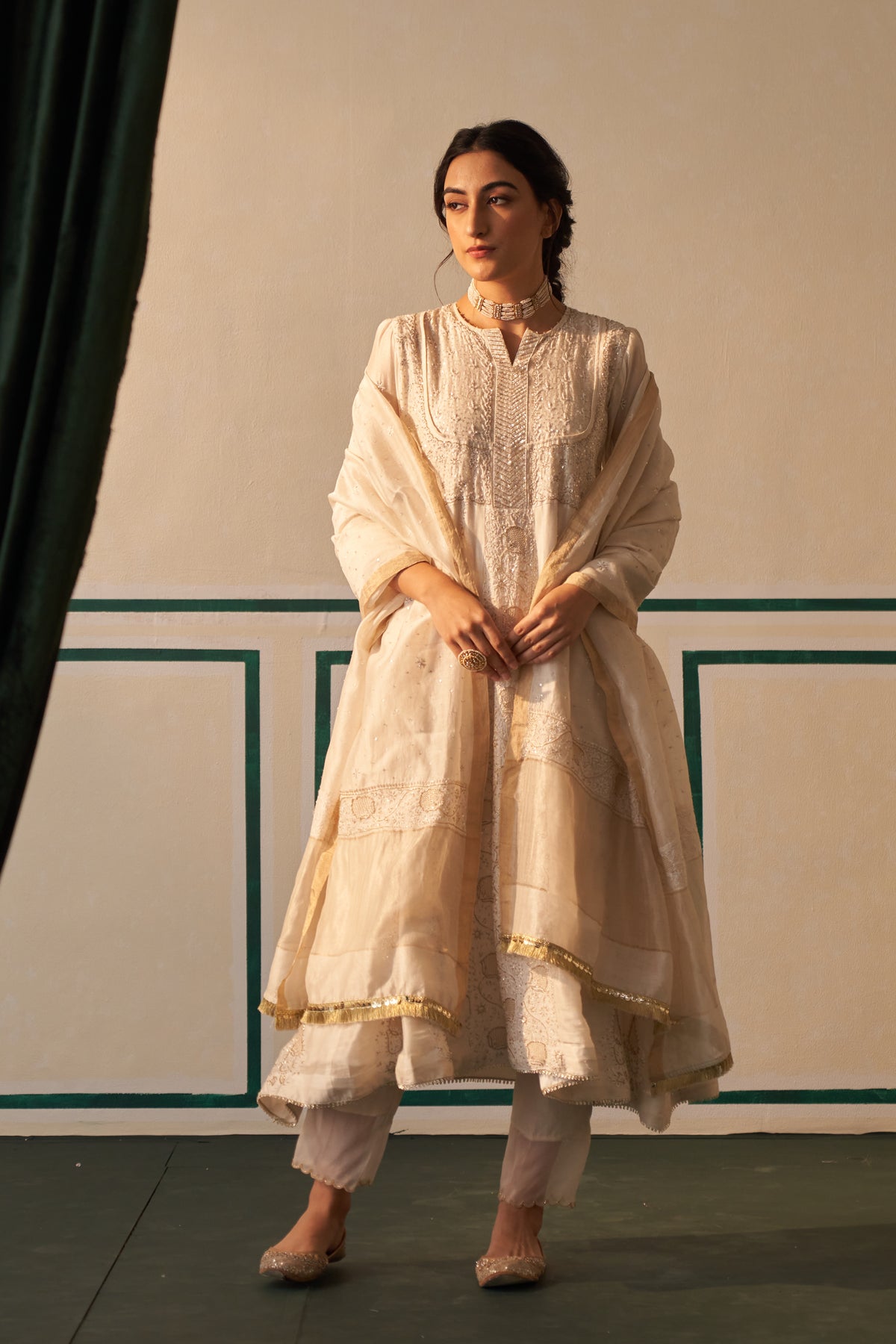 White Chanderi Anarkali Set