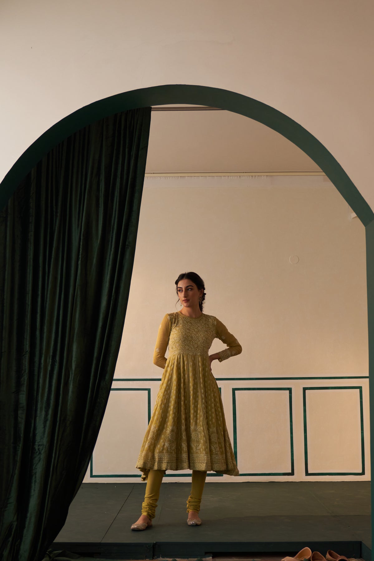 Lime Green Chanderi Chikankri Anarkali