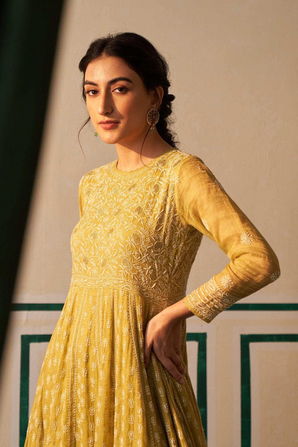 Lime Green Chanderi Chikankri Anarkali