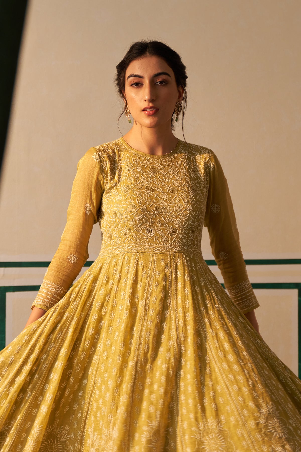 Lime Green Chanderi Chikankri Anarkali